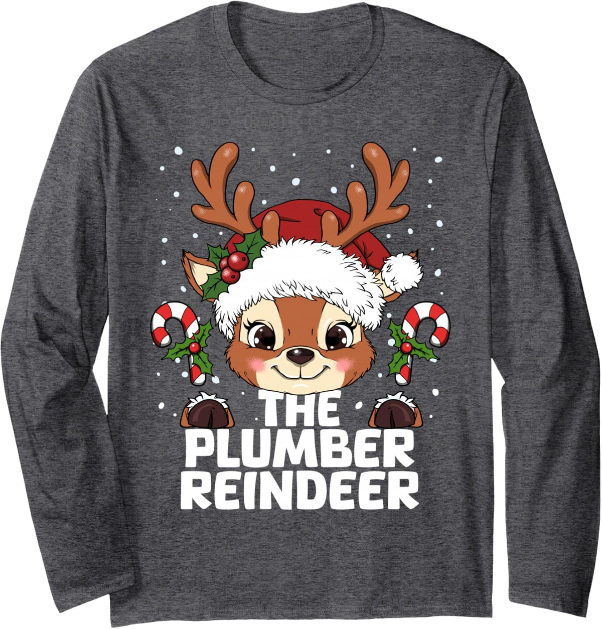 Plumber Reindeer Matching Christmas Long Sleeve T-Shirt - Adult Unisex Dark Heather Grey