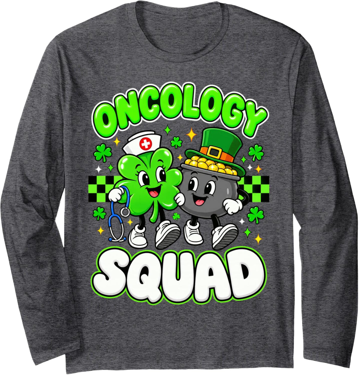 Lucky Oncology Squad Nurse St Patrick's Day Team Men Women Long Sleeve T-Shirt - Adult Unisex Dark Heather Grey