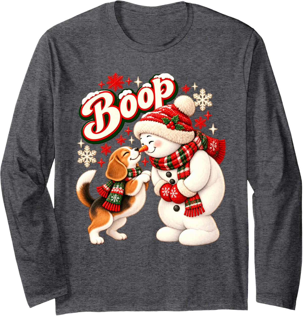 Boop Beagle Snowman Cute Christmas Nose Long Sleeve T-Shirt - Adult Unisex Dark Heather Grey