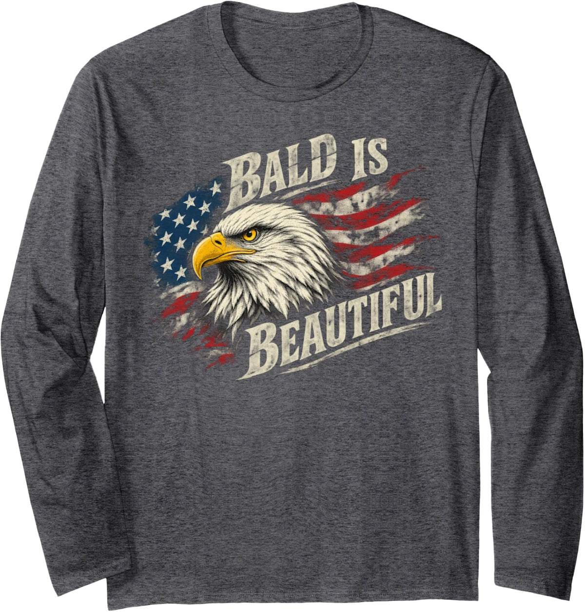 Bald Eagle Head USA Flag Patriotic Retro Long Sleeve T-Shirt - Adult Unisex Dark Heather Grey