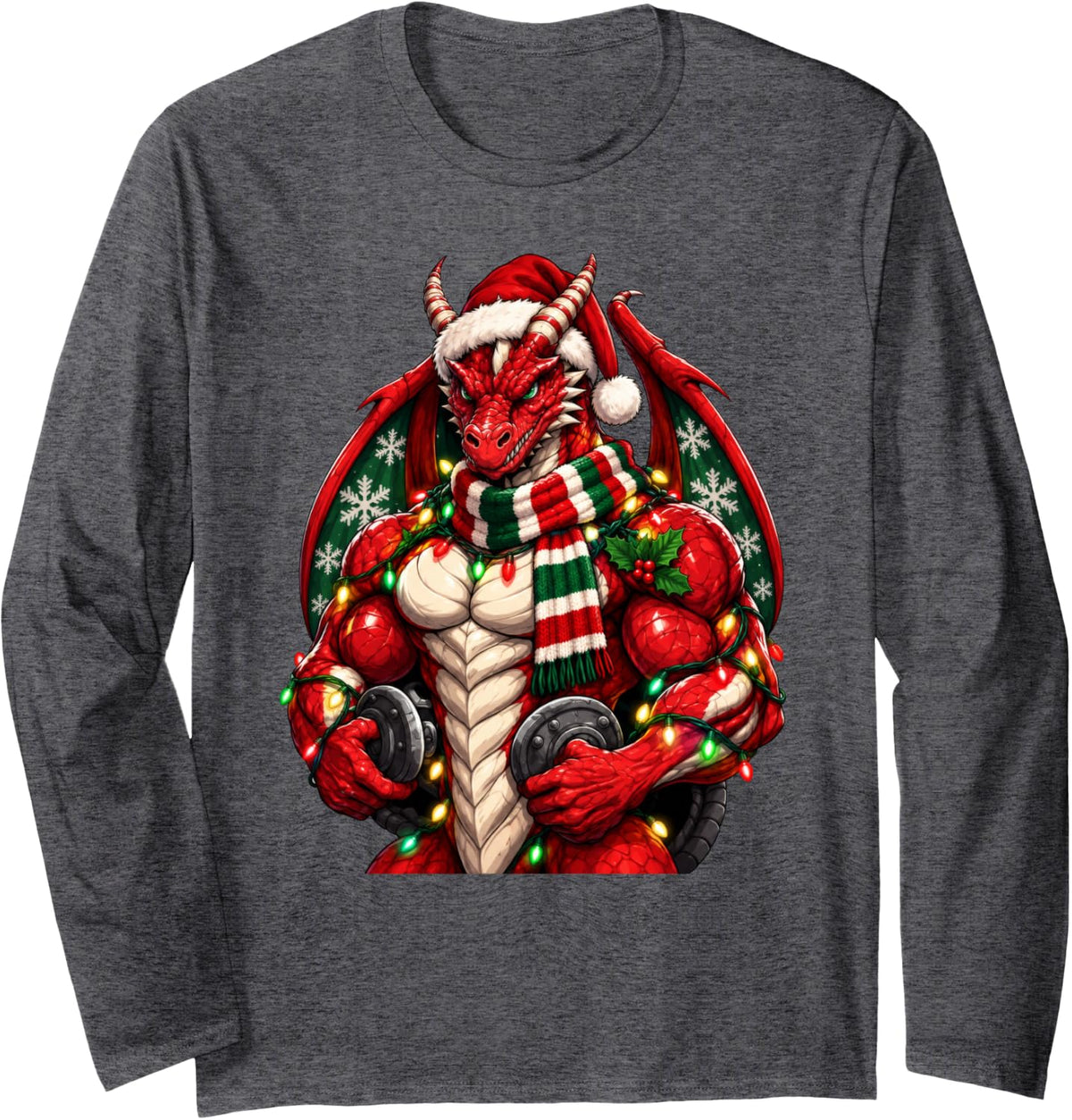 Muscular Dragon Powerlifting Gym Workout Christmas Xmas Long Sleeve T-Shirt - Adult Unisex Dark Heather Grey