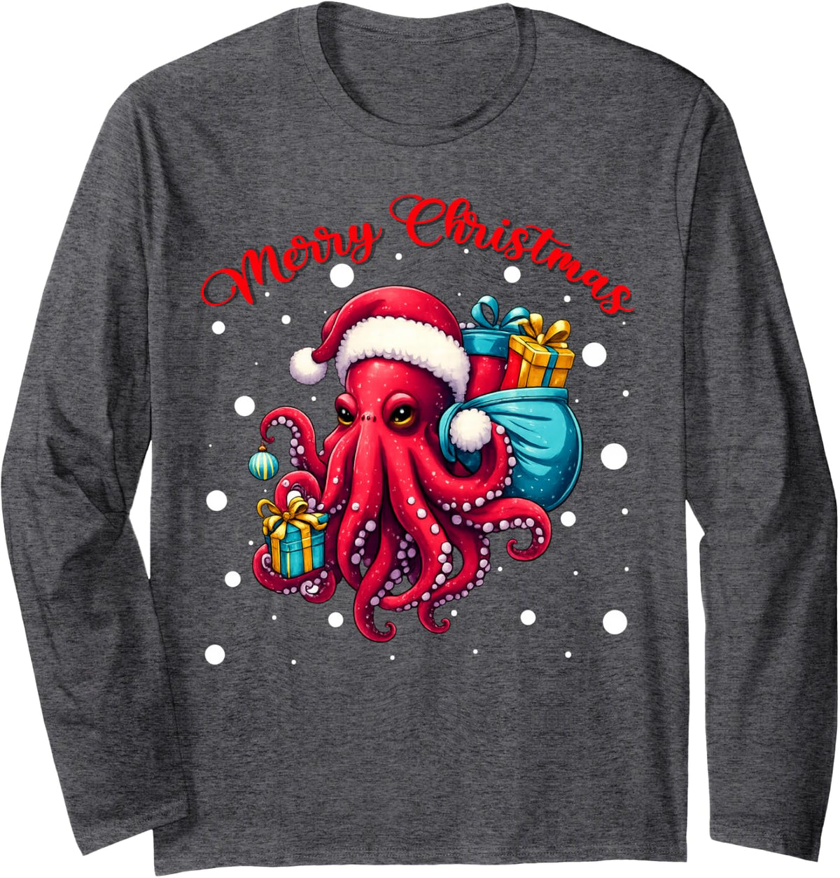 Merry Christmas Cute Octopus Ugly Xmas Sweaters Long Sleeve T-Shirt - Adult Unisex Dark Heather Grey