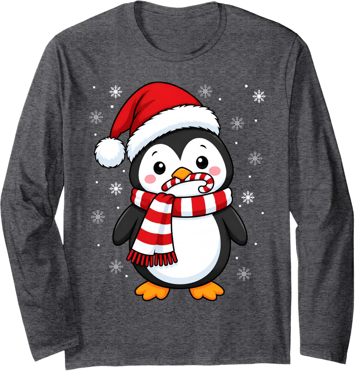 Adorable Festive Candy Cane Penguin Christmas Long Sleeve T-Shirt - Adult Unisex Dark Heather Grey