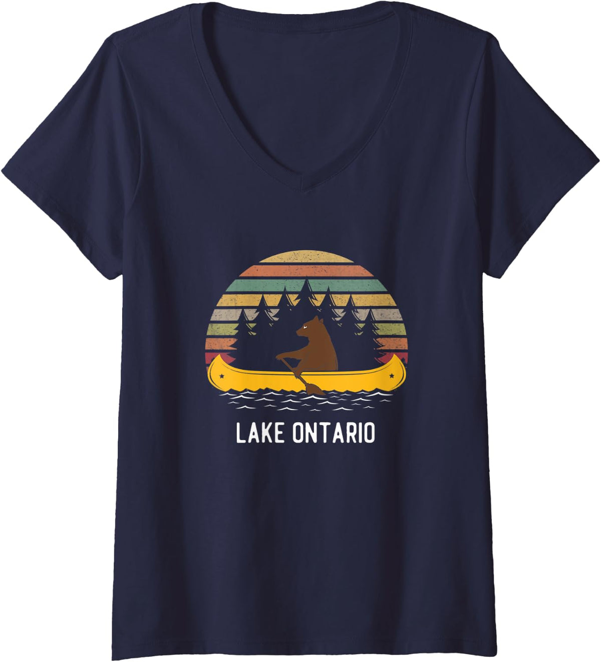 Womens Lake Ontario Vintage retro sunset Bear Canoe outdoor hiking V-Neck T-Shirt - Navy Blue