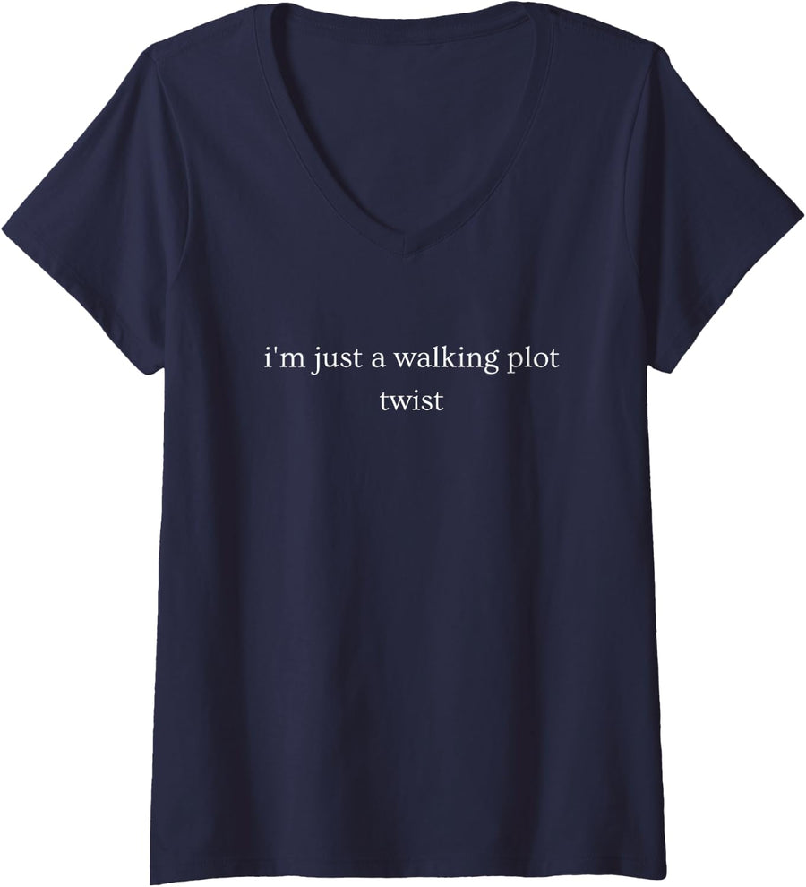 Women's I'm Just A Walking Plot Twist Funny Sarcastic Humor V-Neck T-Shirt - Navy Blue