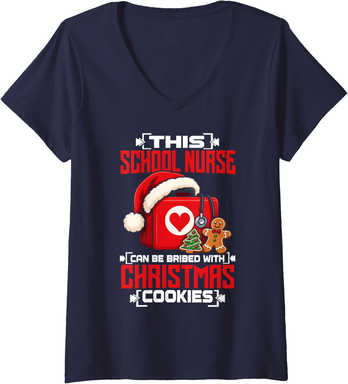 Women's School Nurse Christmas Bribed with Cookies Funny Holiday V-Neck T-Shirt - Navy Blue