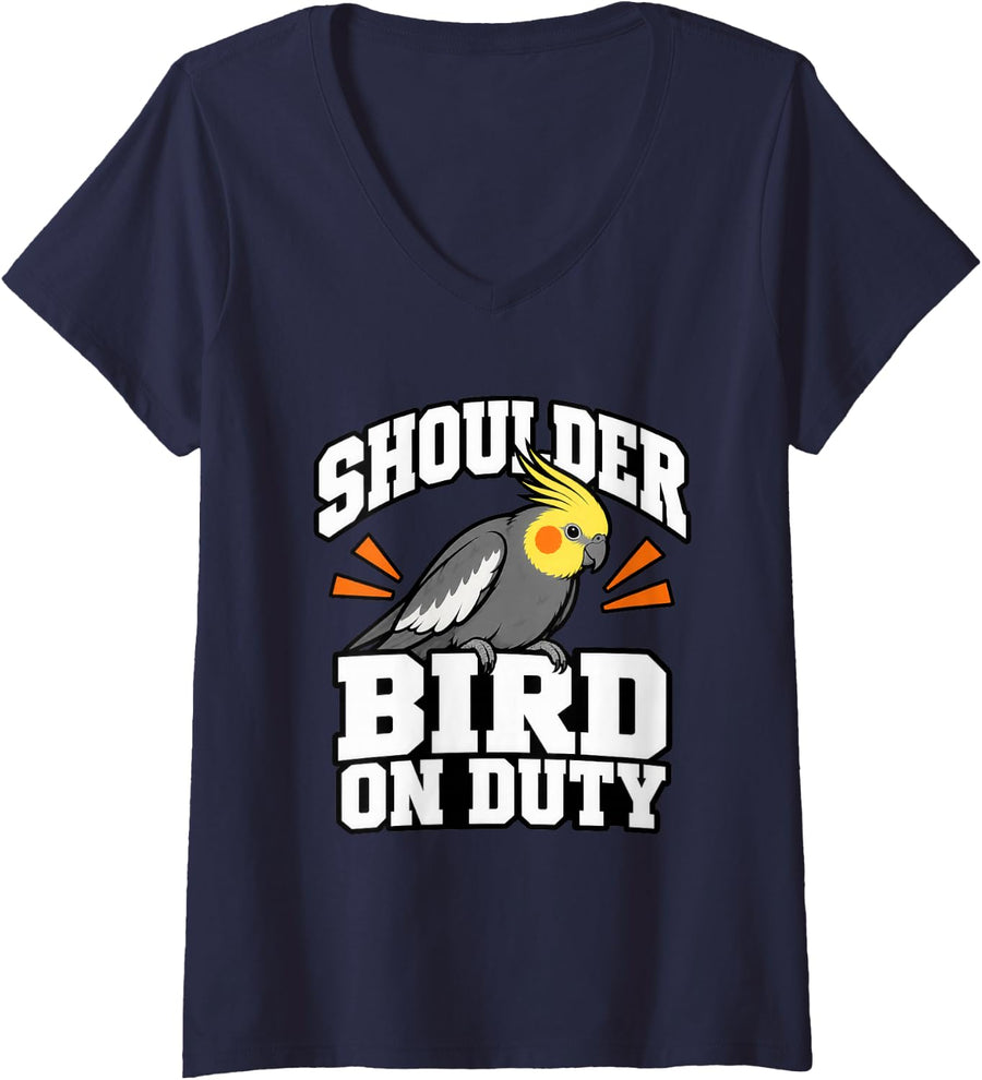 Women's Cockatiel Shoulder Bird On Duty Bird Owner Funny Parrot V-Neck T-Shirt - Navy Blue