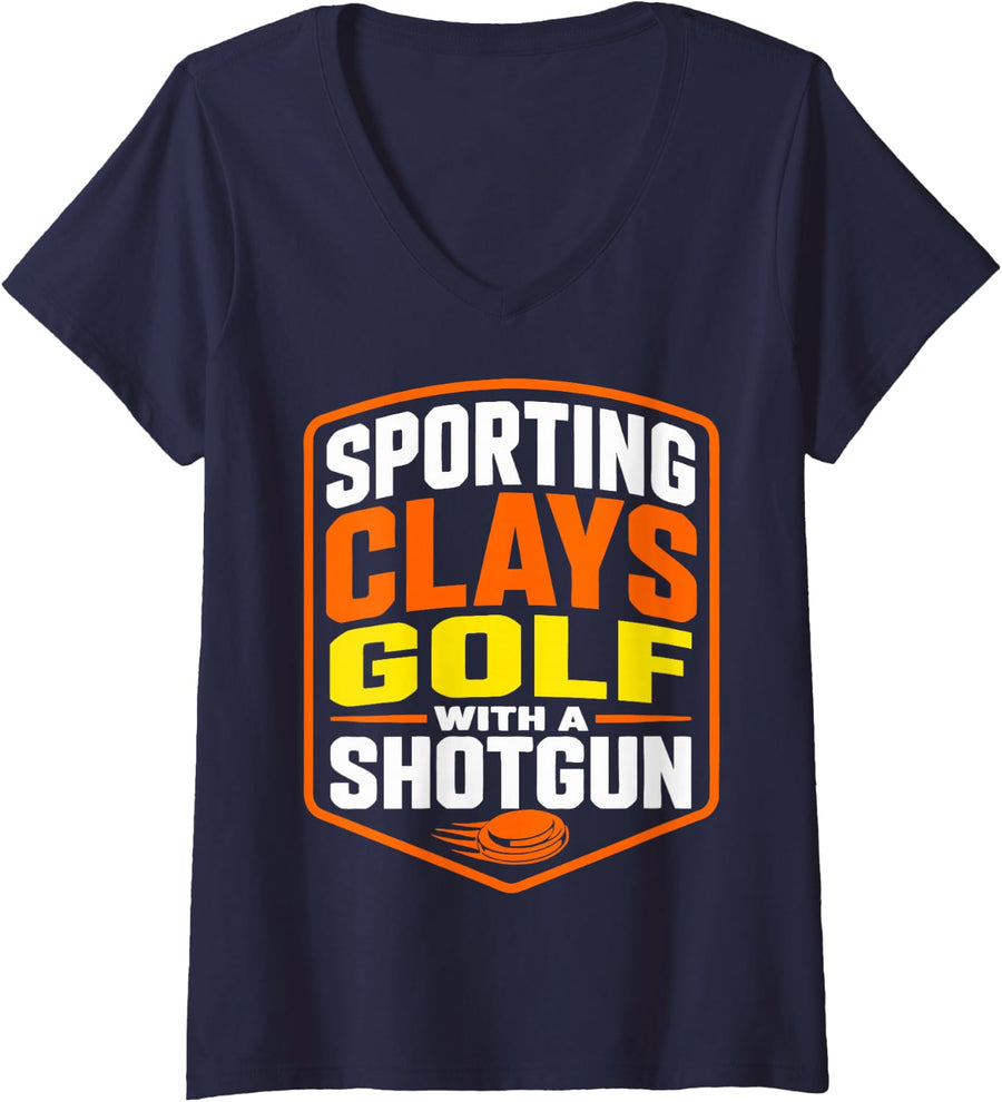Women's Funny Shotgun Clay Target Shooting V-Neck T-Shirt - Navy Blue