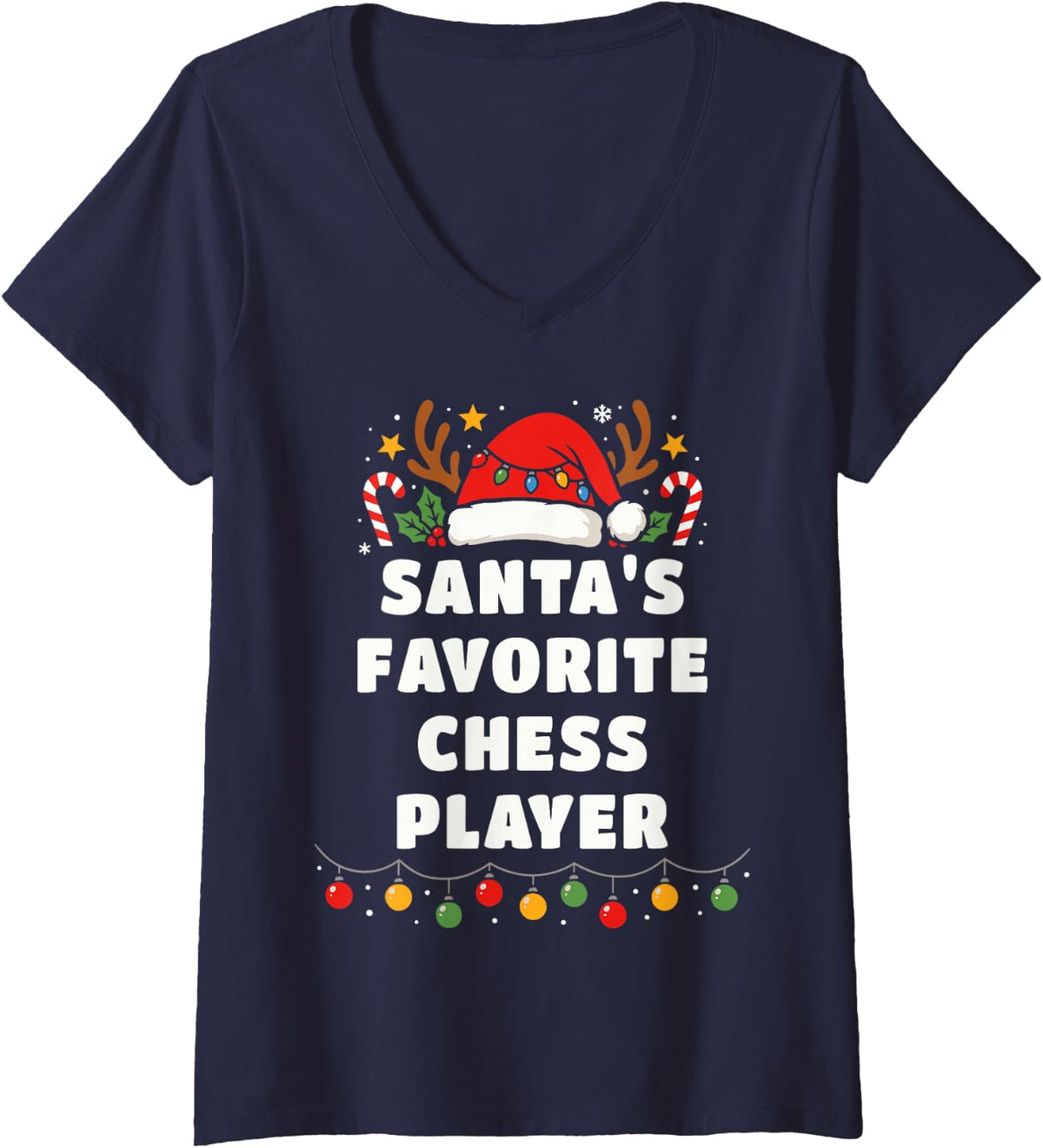Women's Santa's Favorite Chess Player Funny Christmas Holiday Sport V-Neck T-Shirt - Navy Blue