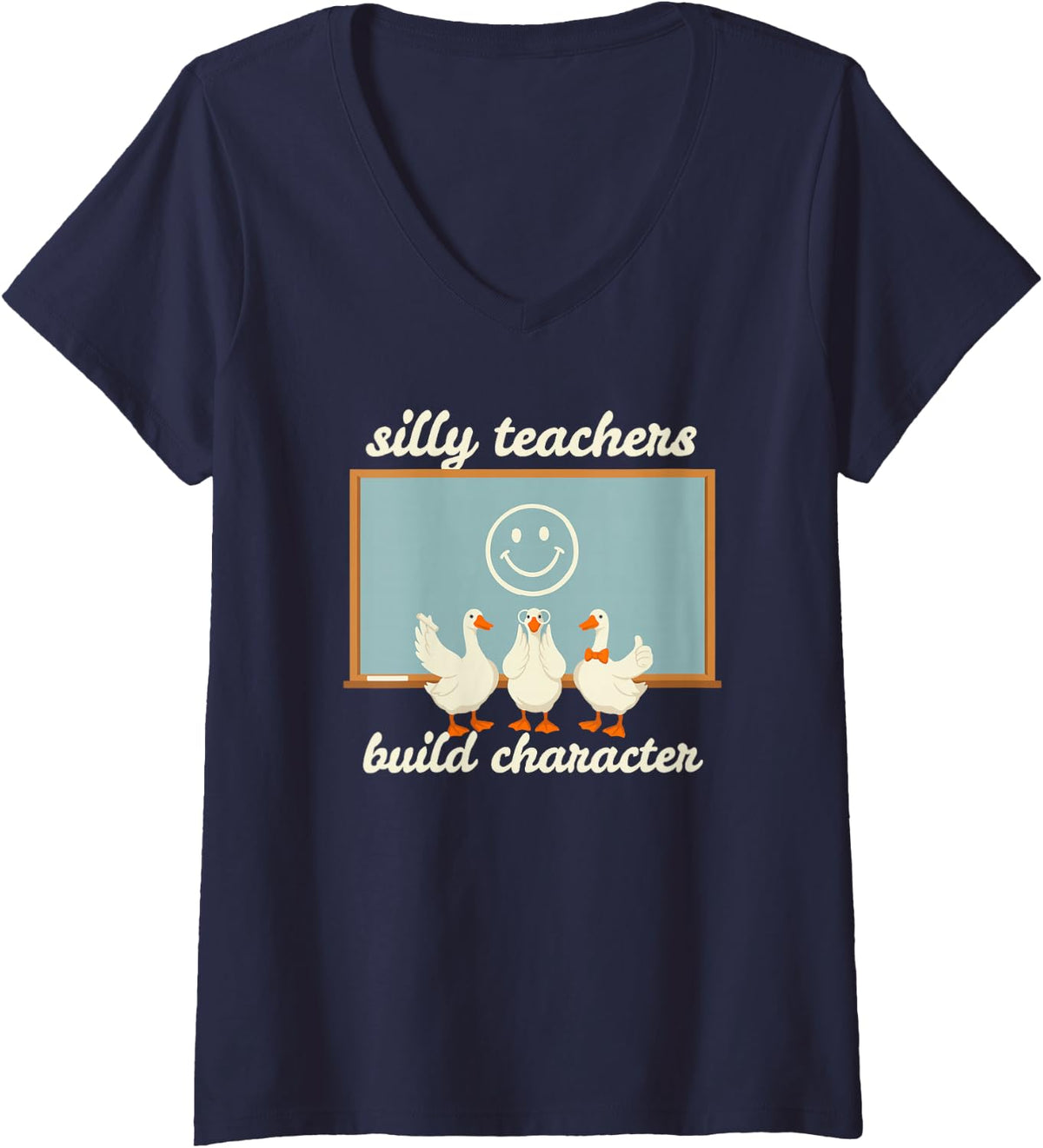 Women's Silly Teachers Build Character Cute Goose Preschool Humor V-Neck T-Shirt - Navy Blue