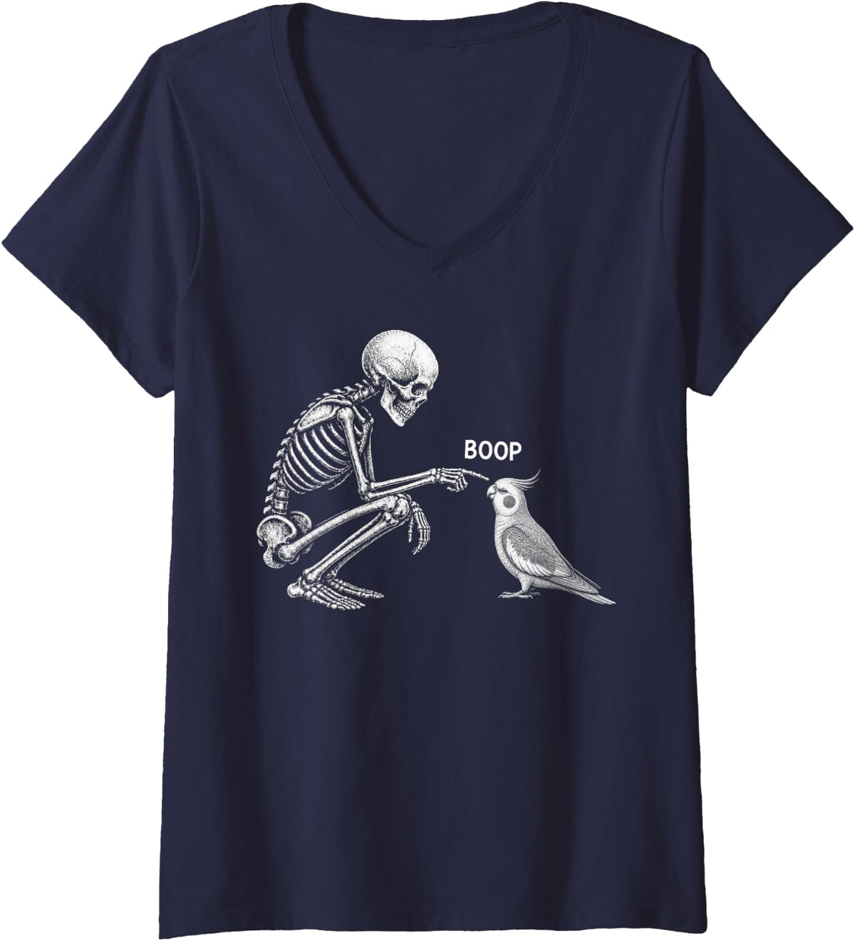 Women's Skeleton Boop Cockatiel Nose Vintage Halloween Parrot V-Neck T-Shirt - Navy Blue