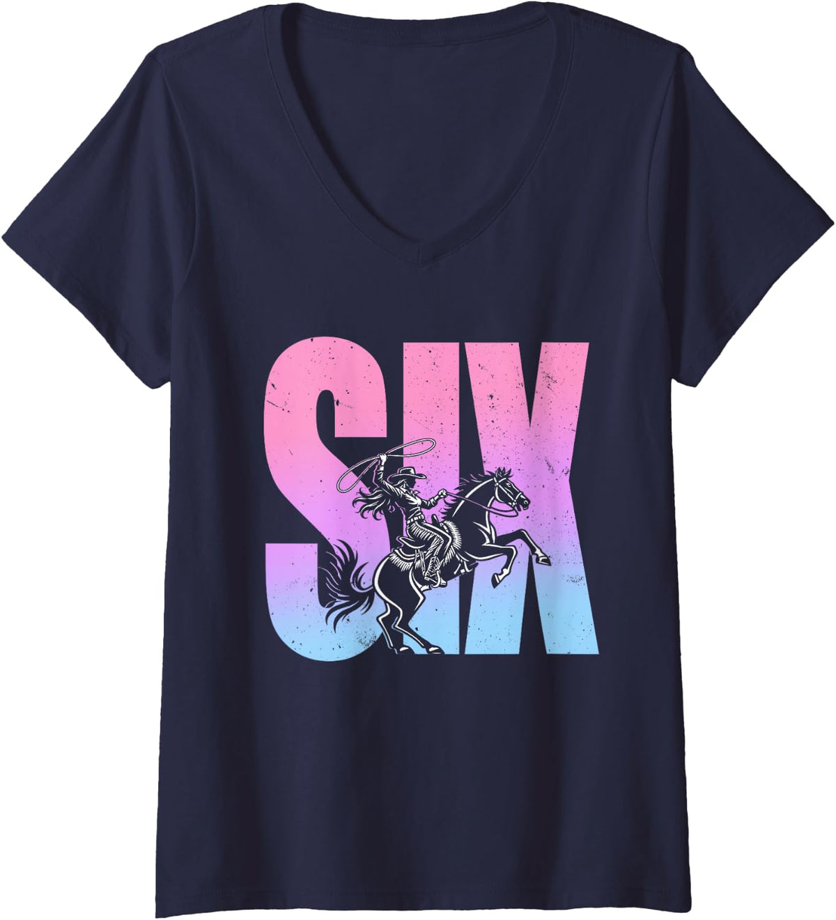 Women's 6th Birthday Rodeo Western Cowgirl Riding Horse Party V-Neck T-Shirt - Navy Blue