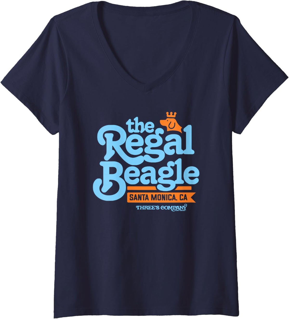 Womens The Regal Beagle Pub Logo Vintage Three's Company V-Neck T-Shirt - Navy Blue