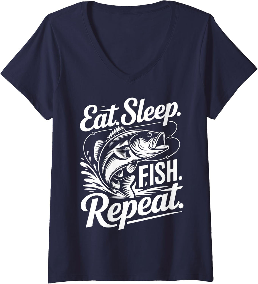 Women's Eat Sleep Fish Repeat Fishing Humor for Anglers V-Neck T-Shirt - Navy Blue