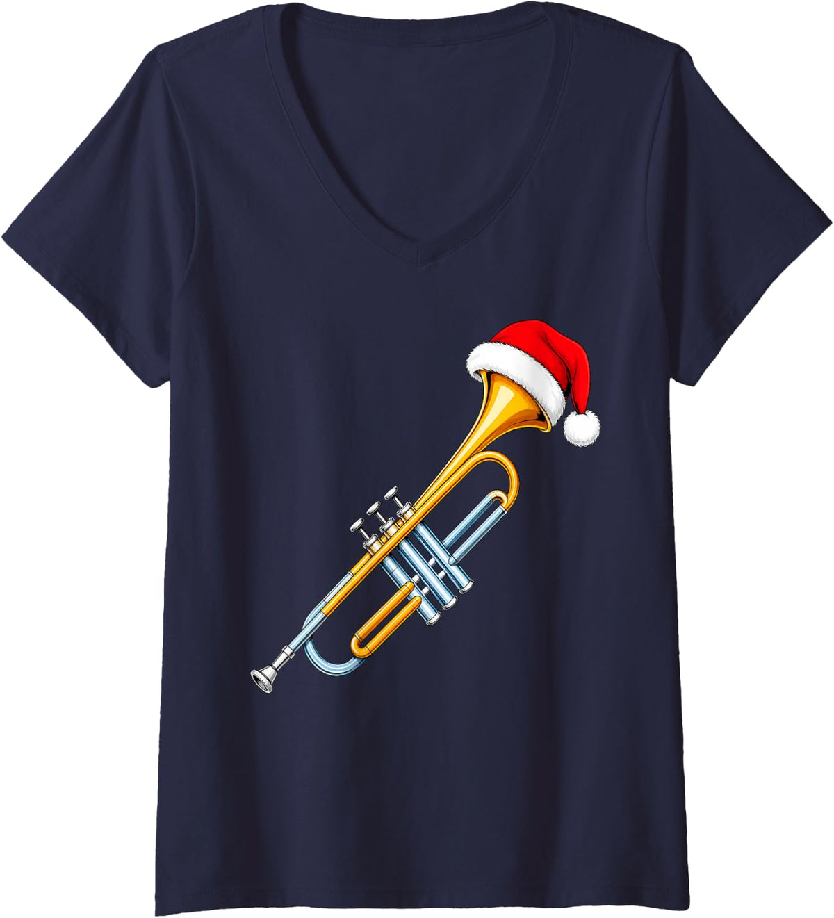 Women's Christmas Festive Music Lover Santa Hat Musical Trumpet V-Neck T-Shirt - Navy Blue
