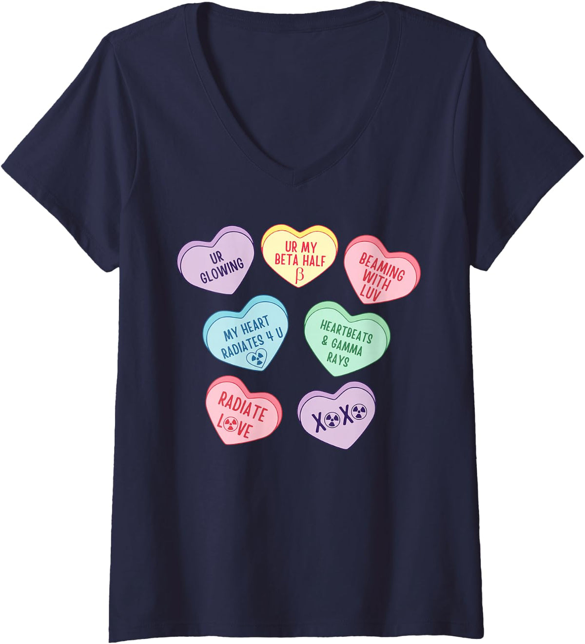 Women's Valentines Radiation Oncology X-ray Nuc Med NMT Candy Heart V-Neck T-Shirt - Navy Blue