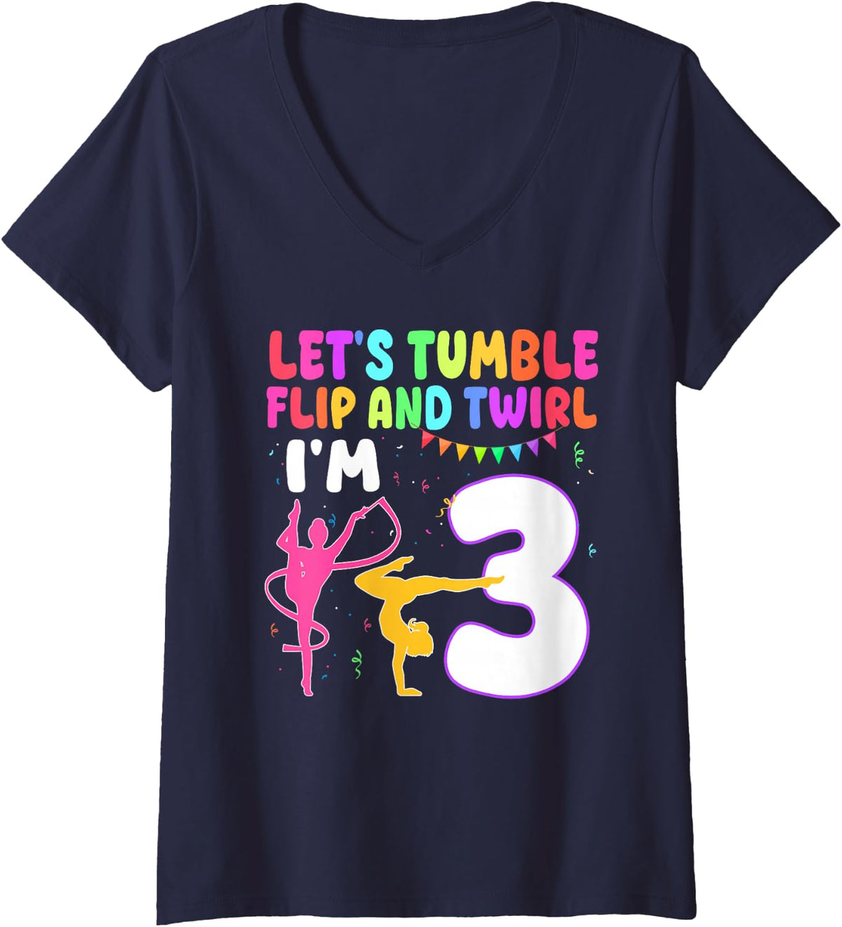 Women's 3 Year Old Gymnast Girl 3rd Gymnastics Birthday Party V-Neck T-Shirt - Navy Blue