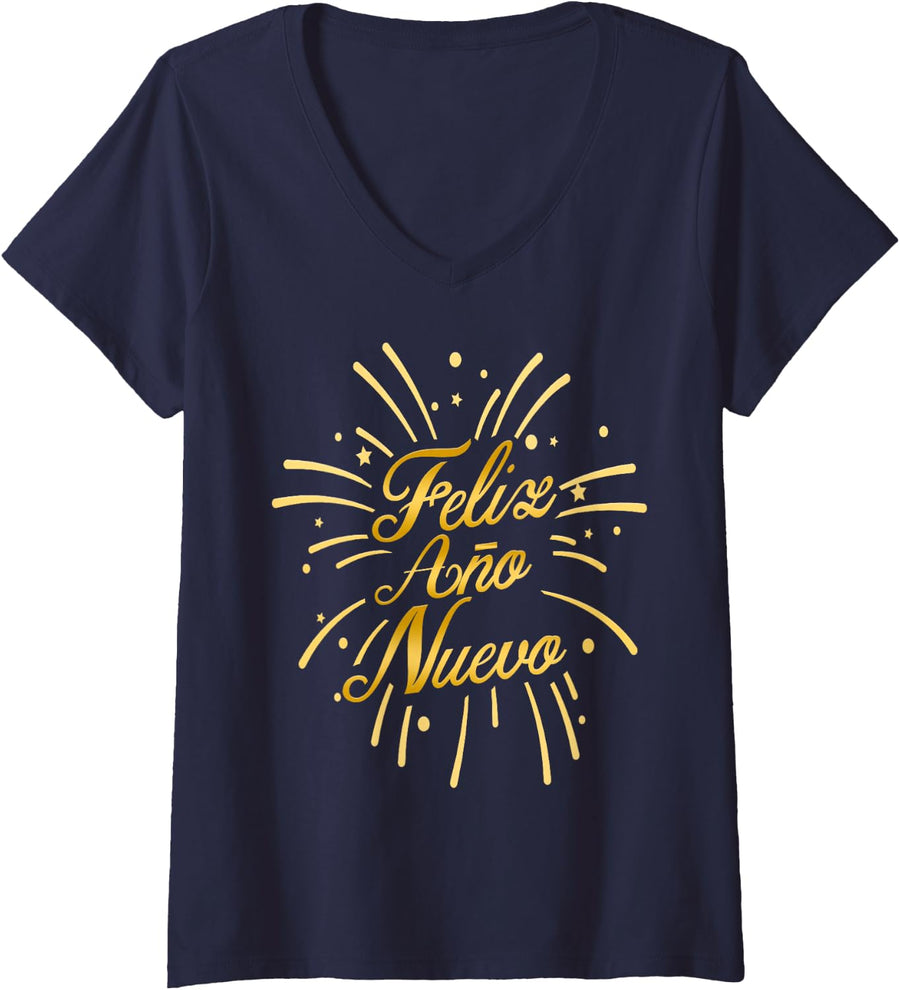 Women's Feliz año Nuevo 2024 Happy new Year Spanish Mexican Latin V-Neck T-Shirt - Navy Blue