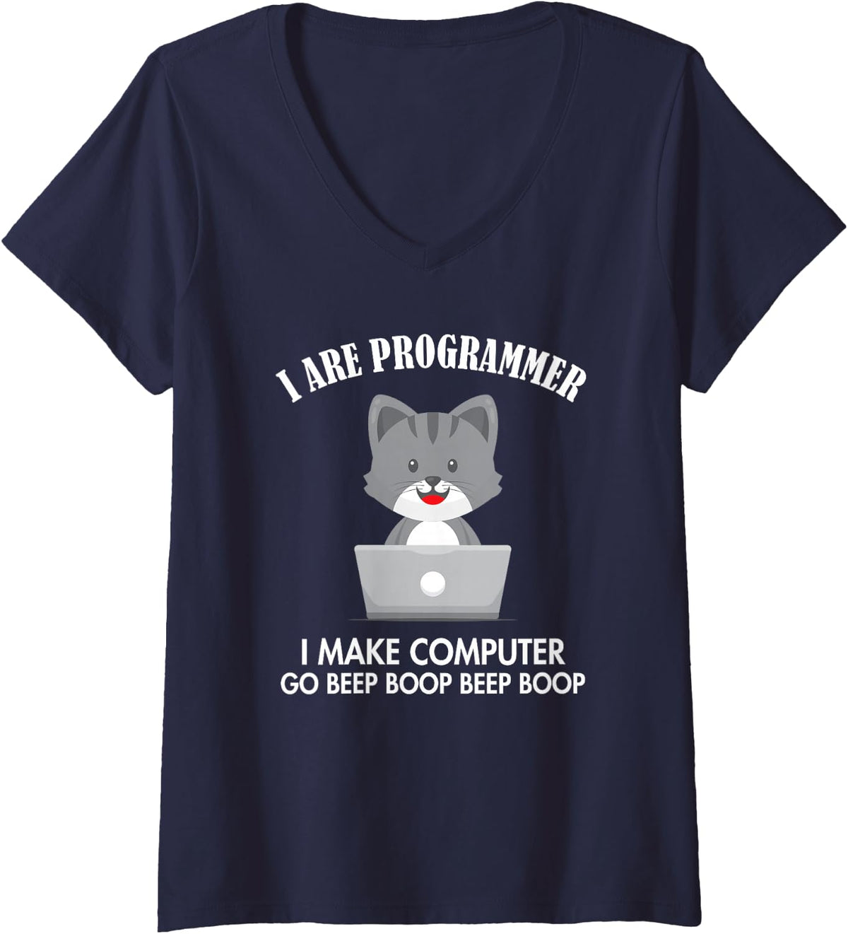 Women's I are Programmer Cat Engineer Full Stack Software Developer V-Neck T-Shirt - Navy Blue