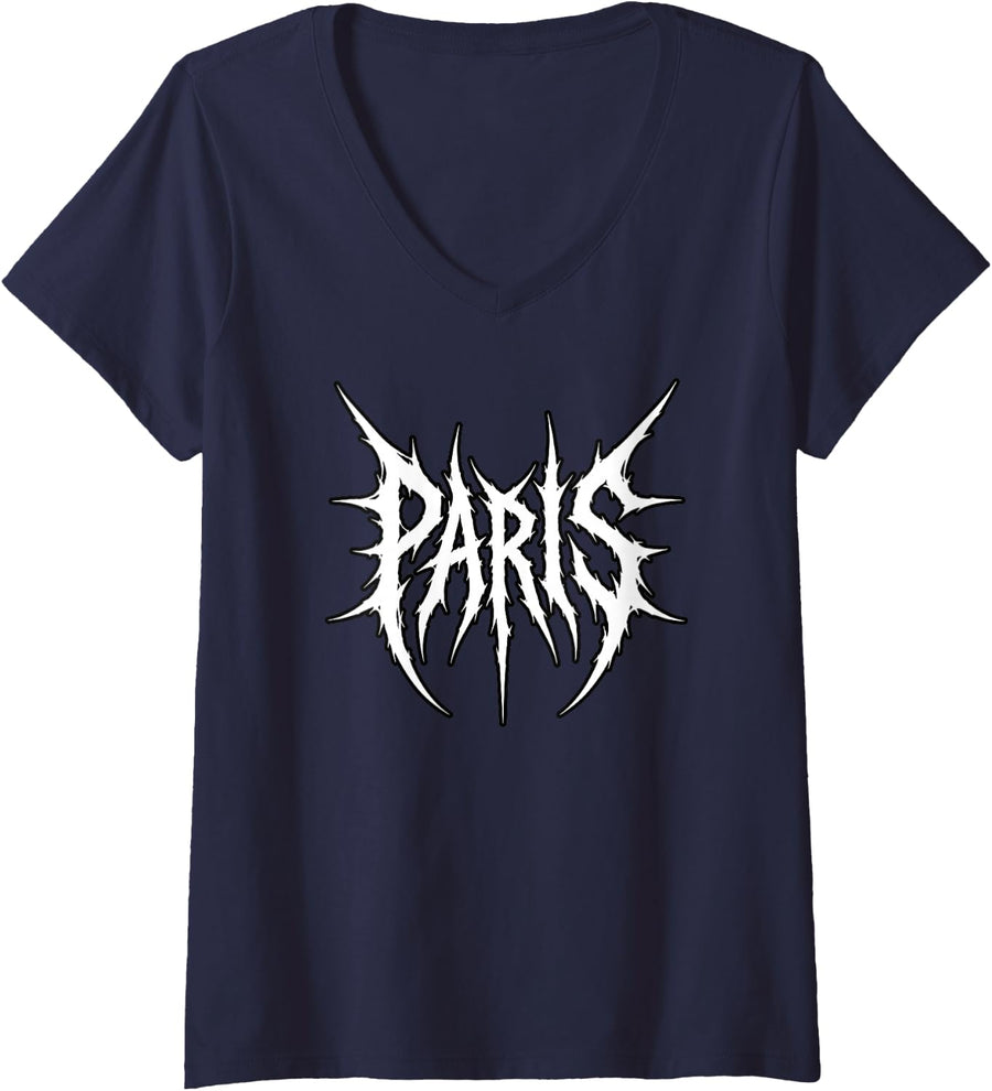 Women's Paris DeathMetal Logo Gothic Metal Style V-Neck T-Shirt - Navy Blue