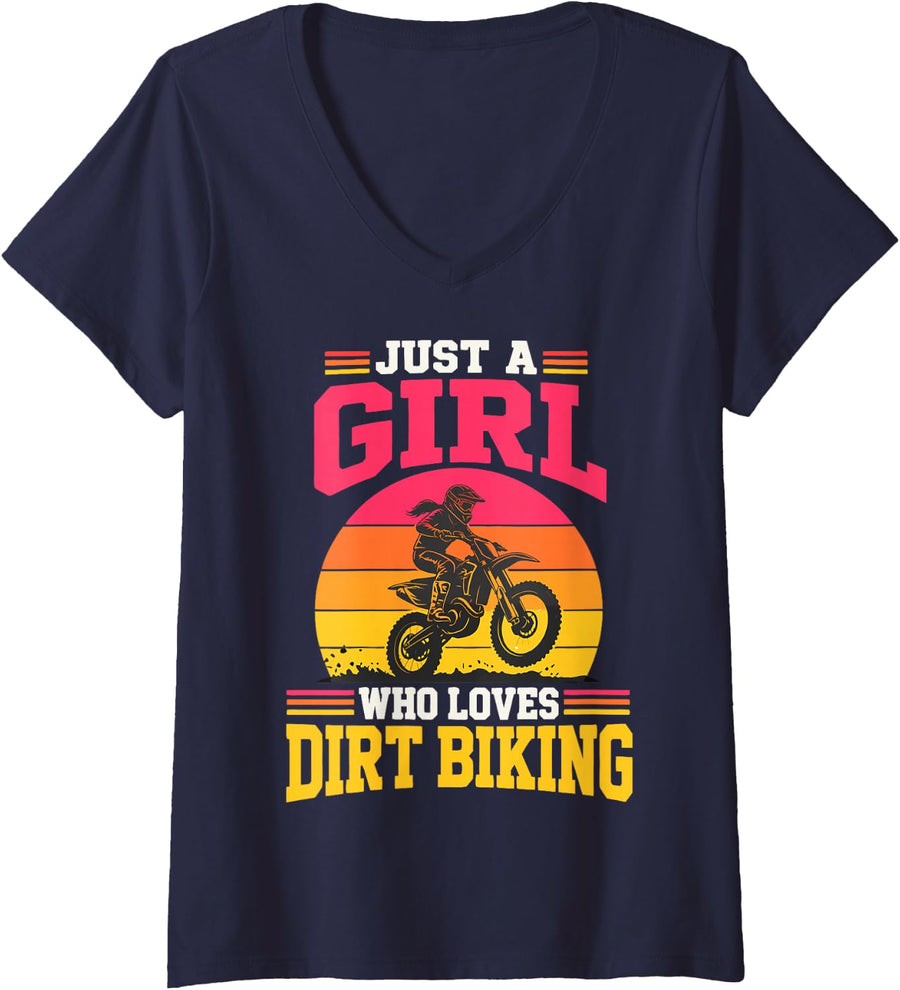 Women's Girl Motocross Rider Woman Dirt Bike Racing V-Neck T-Shirt - Navy Blue
