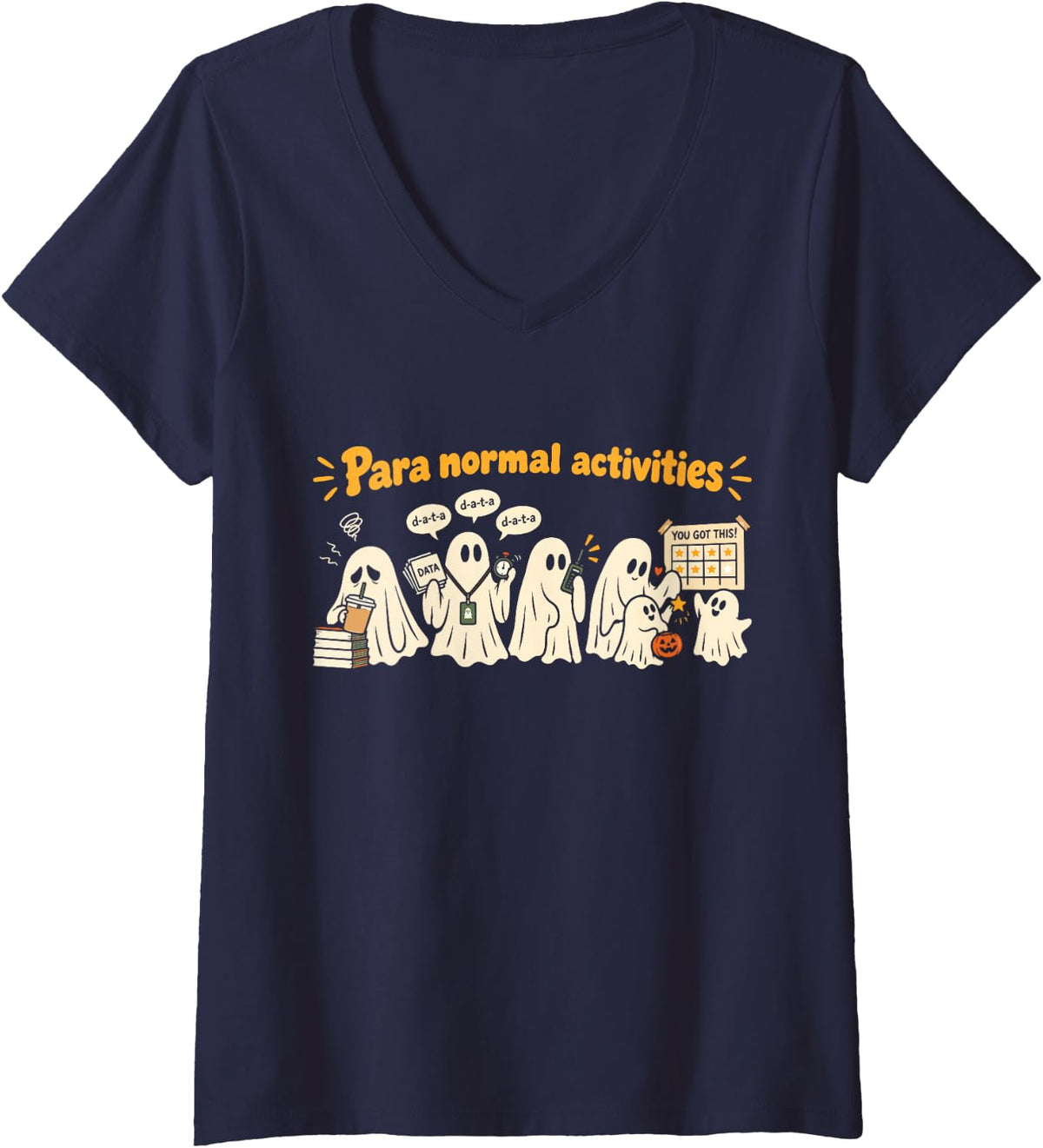 Women's para Normal Activities Halloween Paraprofessional Ghosts V-Neck T-Shirt - Navy Blue