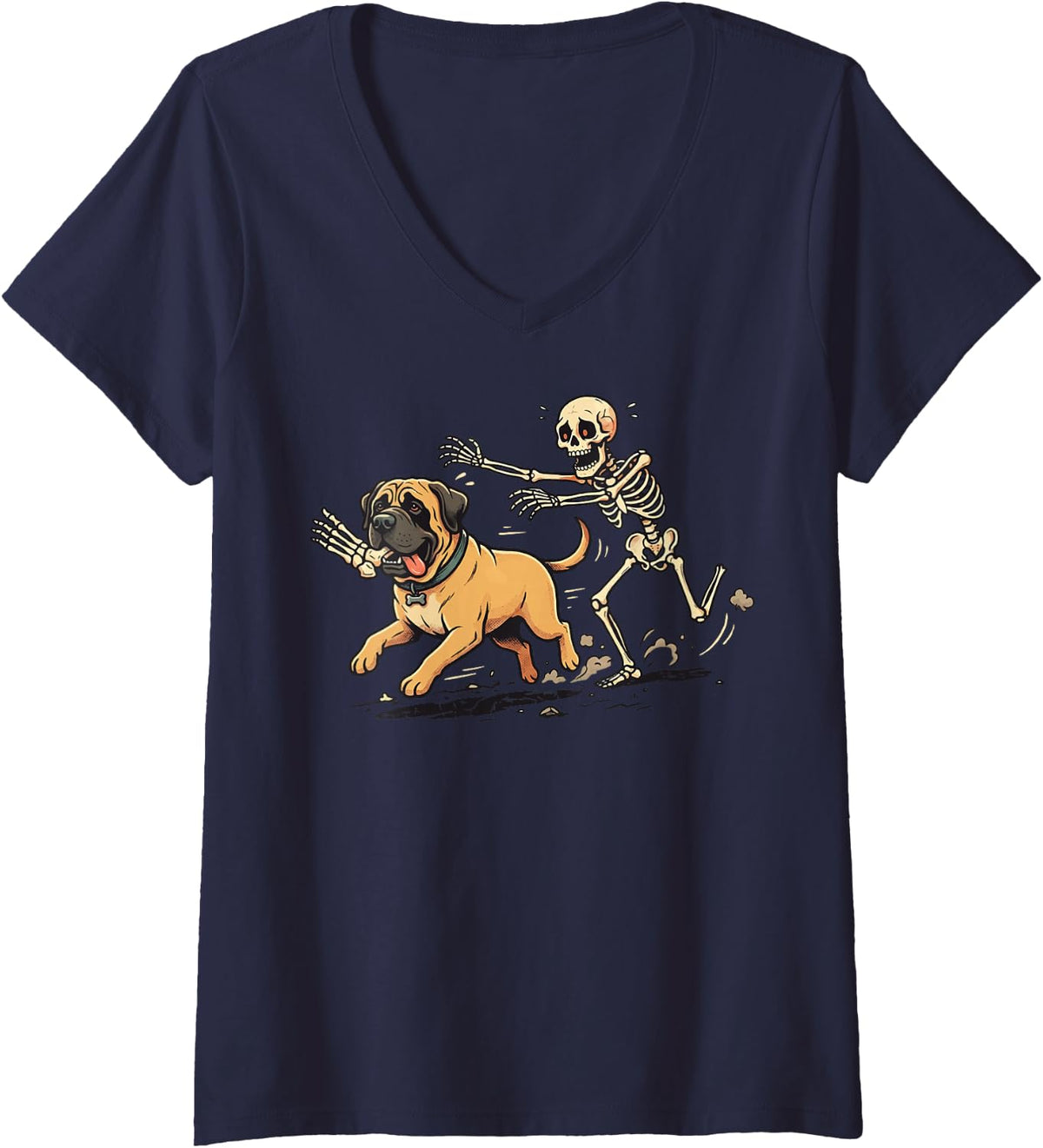 Women's English Mastiff Skeleton Halloween V-Neck T-Shirt - Navy Blue