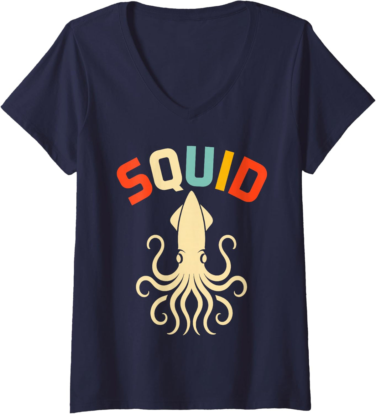 Women's Cool Squid Art for Men Women Kids Giant Octopus Squid Lover V-Neck T-Shirt - Navy Blue