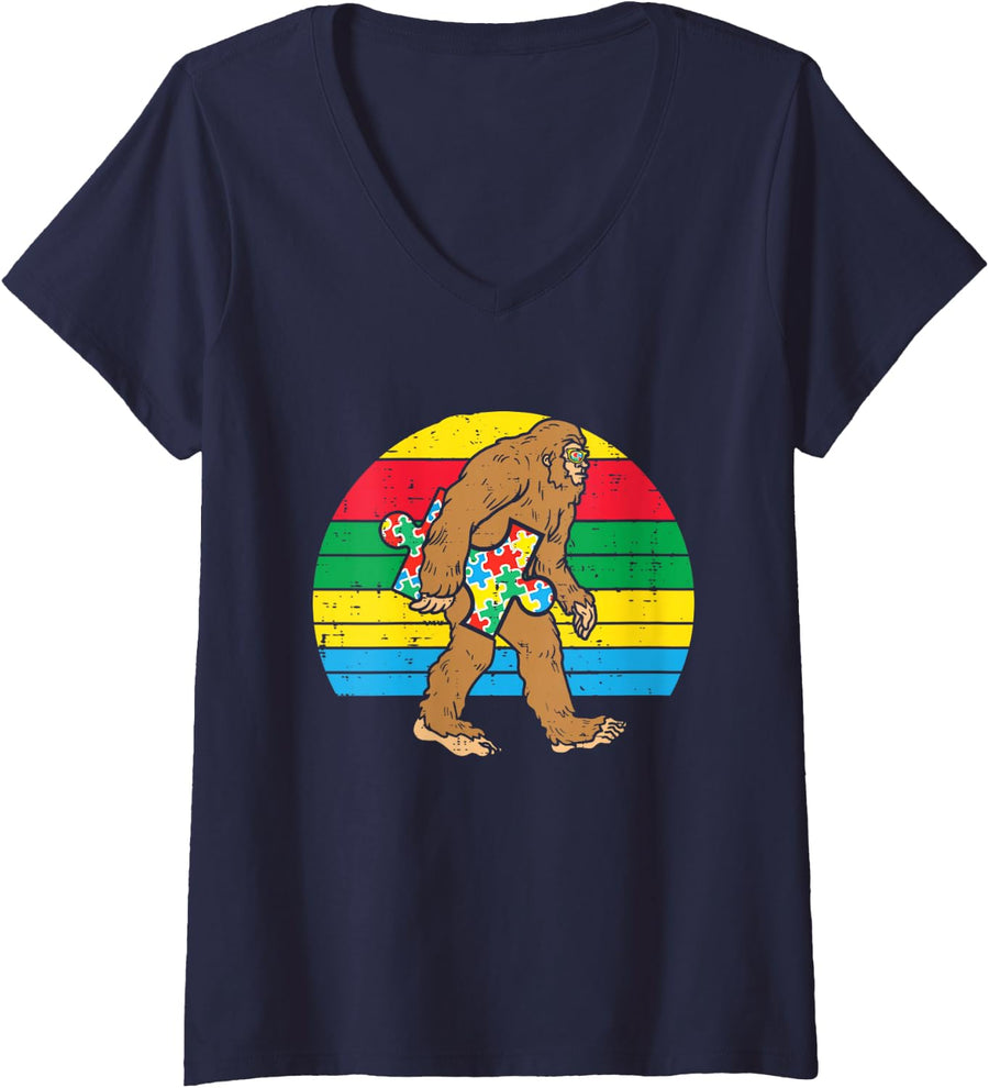 Women's Autism Awareness Bigfoot Sasquatch Puzzle Men Women Costume V-Neck T-Shirt - Navy Blue