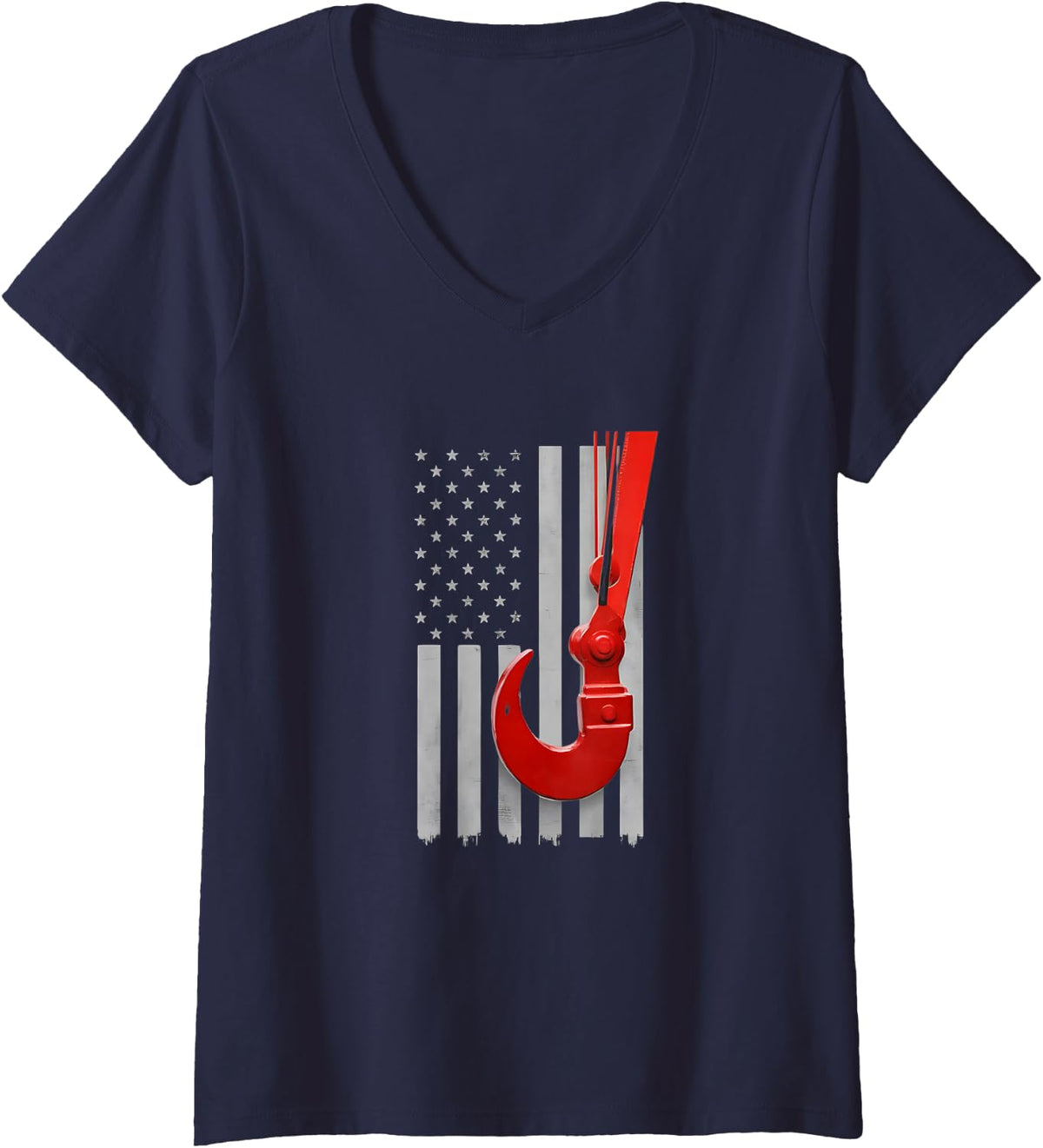 Women's American Flag Crane Operator Labor Work Design V-Neck T-Shirt - Navy Blue