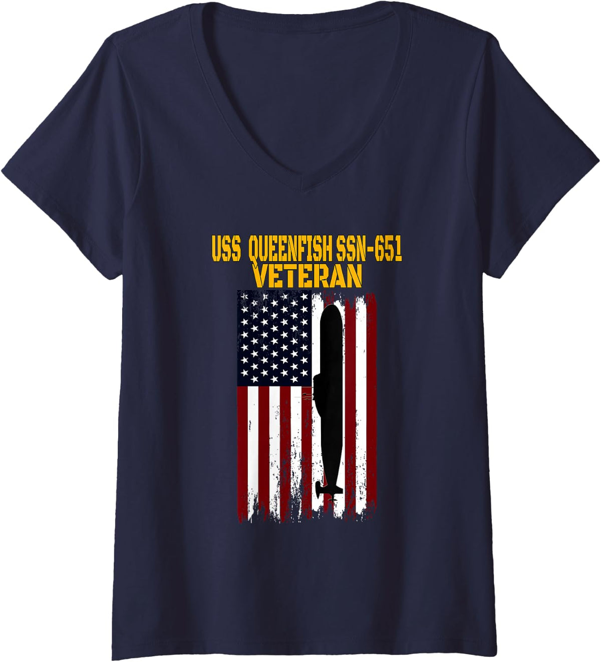Women's USS Queenfish SSN-651 Submarine Veterans Day Father's Day V-Neck T-Shirt - Navy Blue