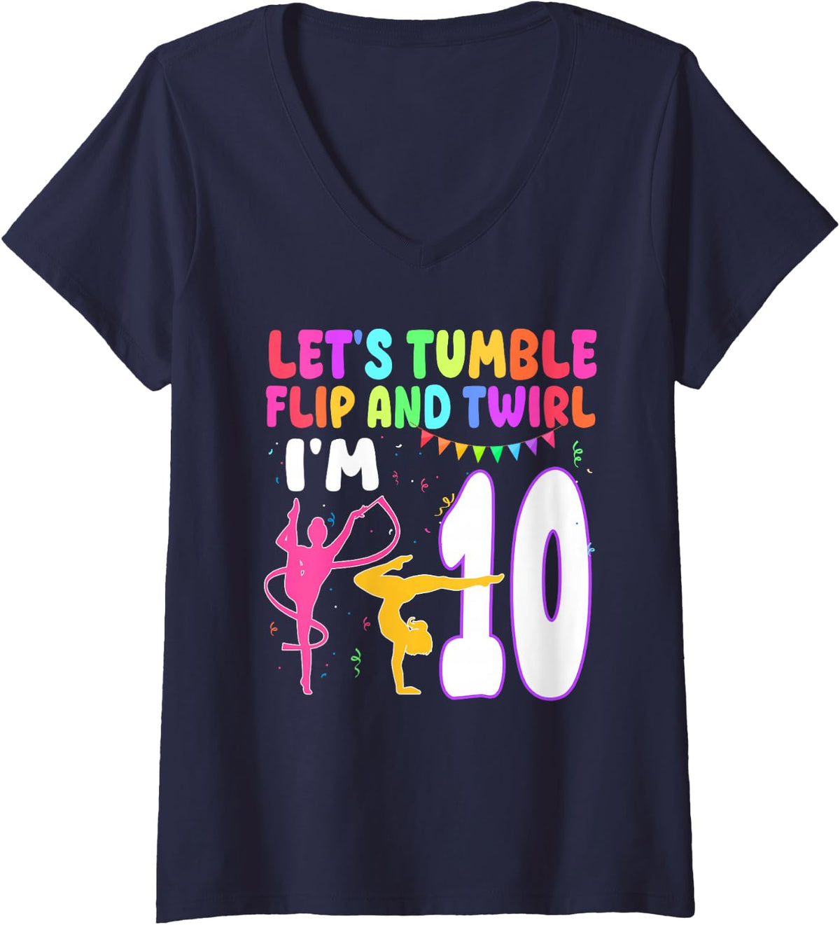 Women's 10 Year Old Gymnast Girl 10th Gymnastics Birthday Party V-Neck T-Shirt - Navy Blue