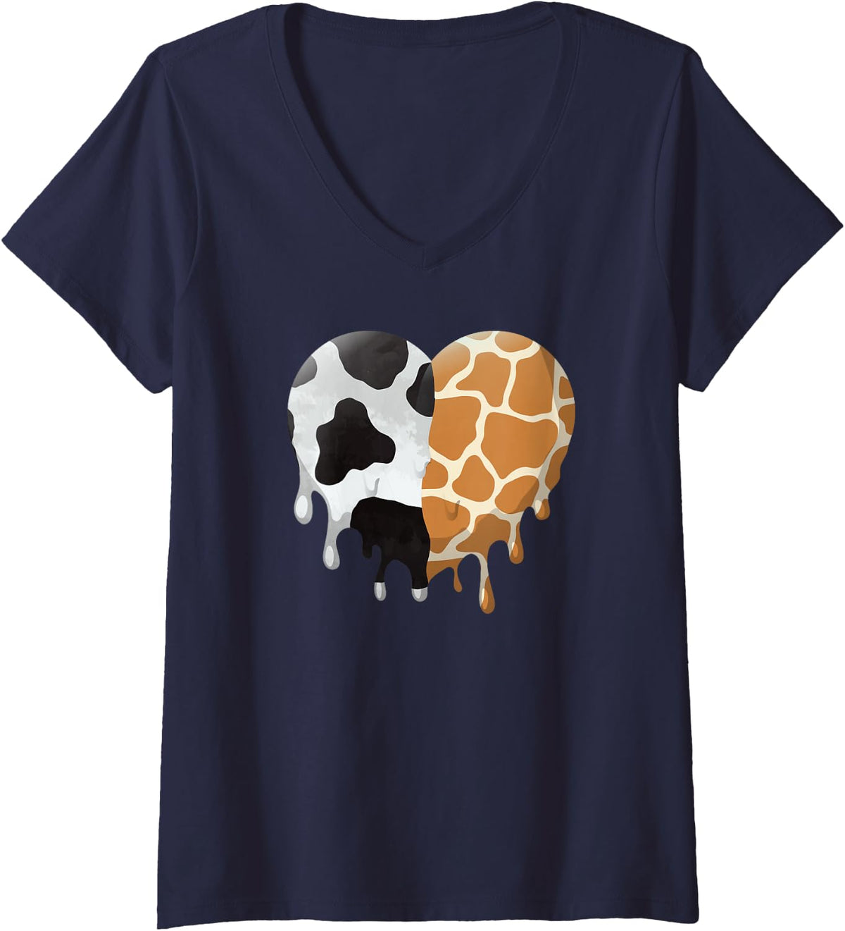 Women's Cow and Giraffe Pattern Melting Heart Cute Animal Aesthetic V-Neck T-Shirt - Navy Blue