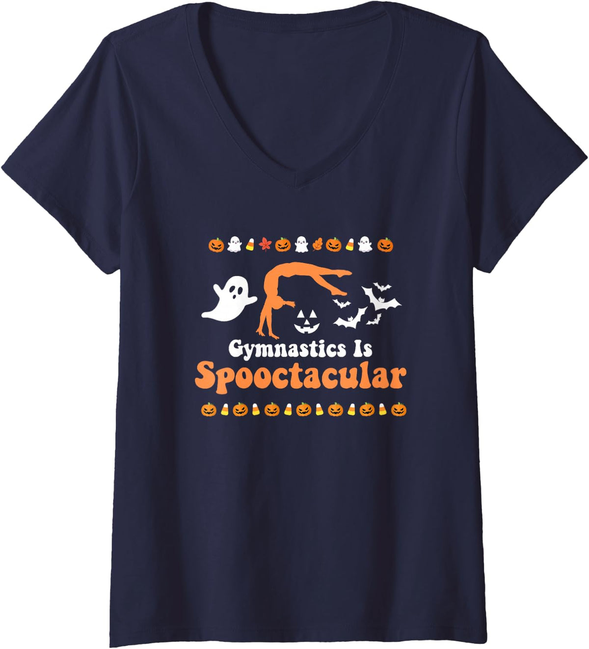 Women's Gymnastics Halloween Spooky Funny Autumn Fall Gymnast V-Neck T-Shirt - Navy Blue
