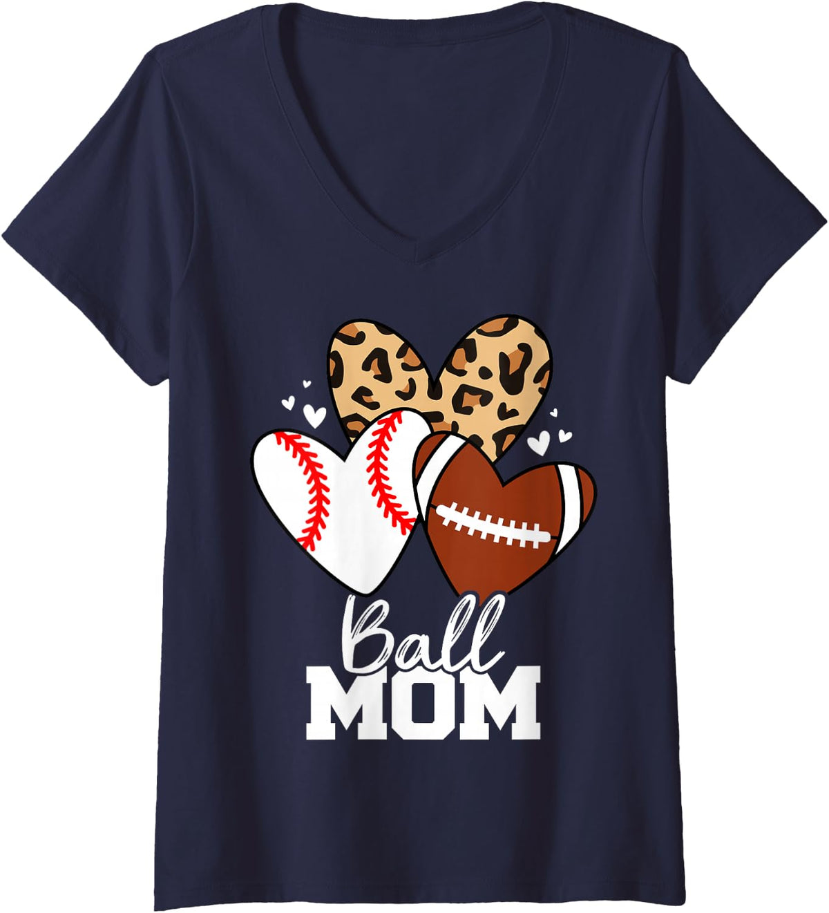 Women's Ball Mom Funny Football Baseball Mom Heart V-Neck T-Shirt - Navy Blue