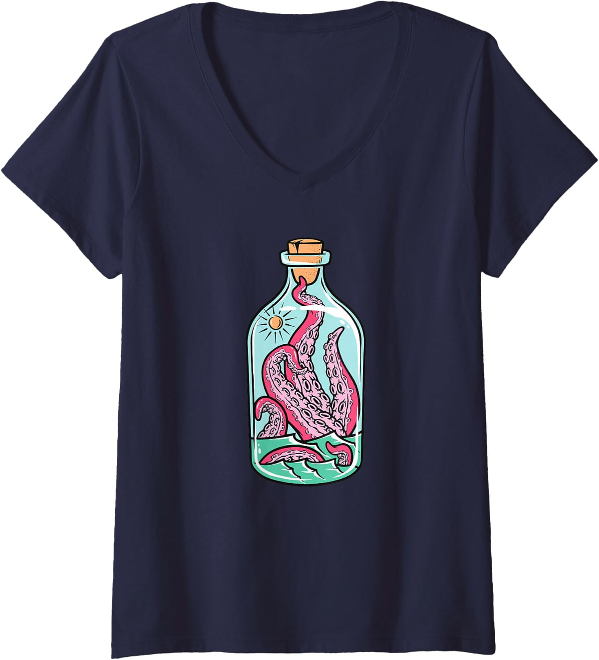 Women's Octopus in a Bottle V-Neck T-Shirt - Navy Blue