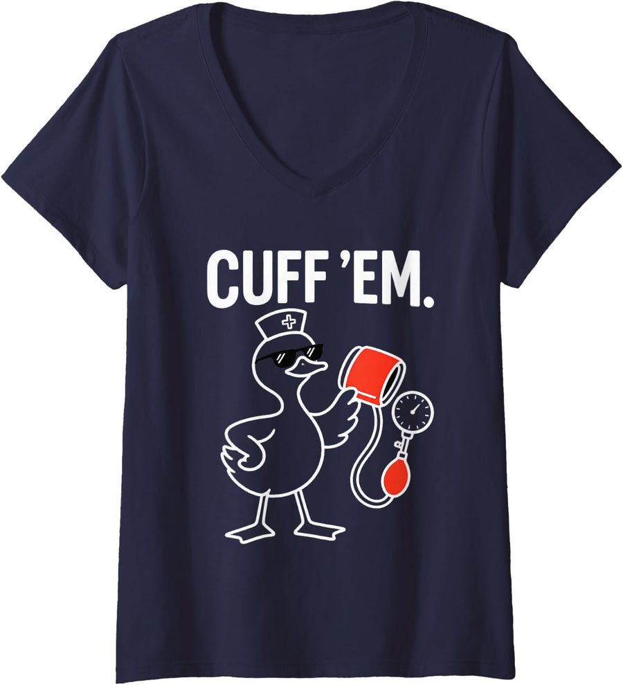 Women's Minimalist Cuff Em Duck Nurse Outline Vitals Clinic Art V-Neck T-Shirt - Navy Blue