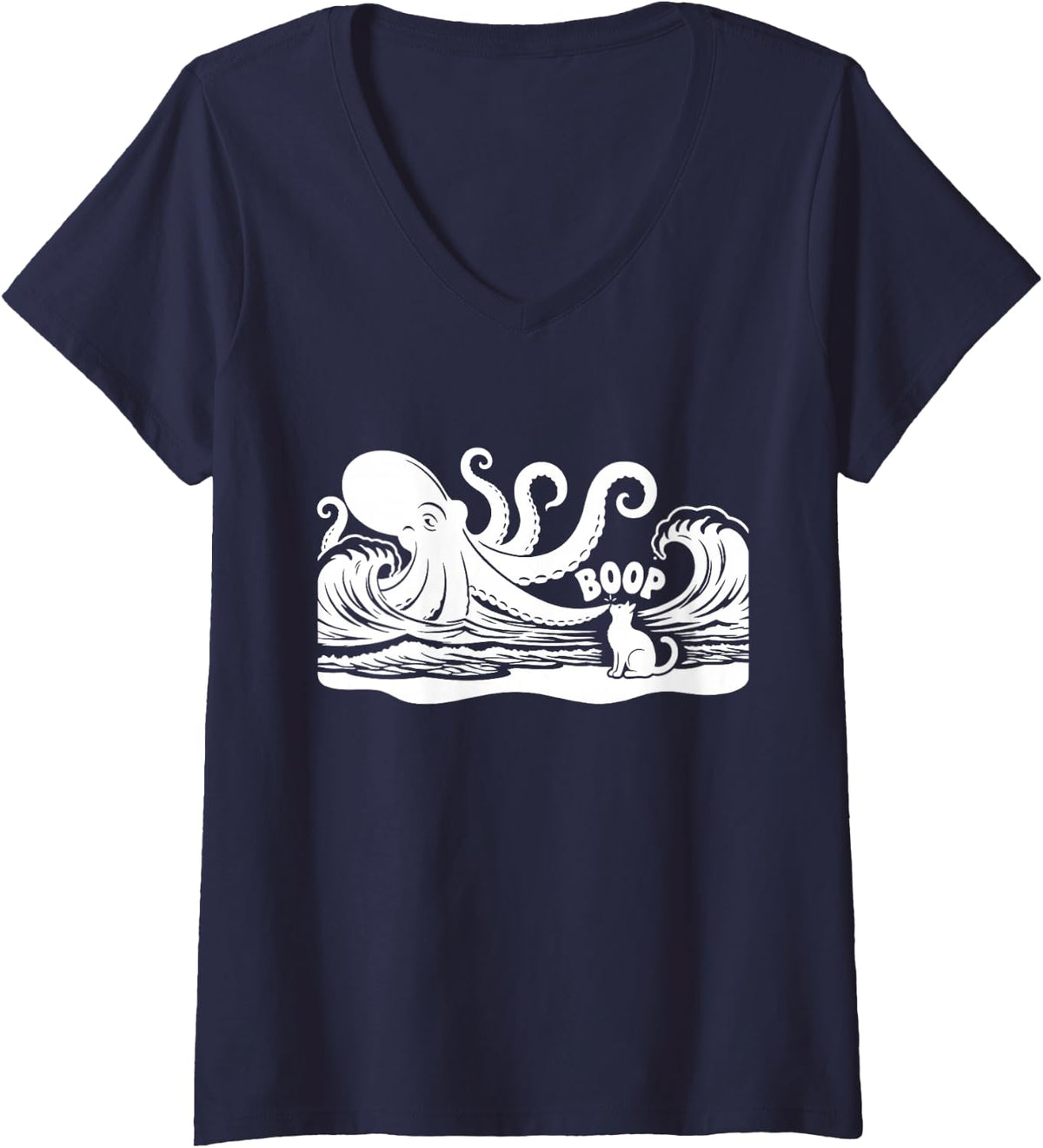 Women's Octopus Boop Cat Under Full Moon Funny Cute Fantasy Night V-Neck T-Shirt - Navy Blue