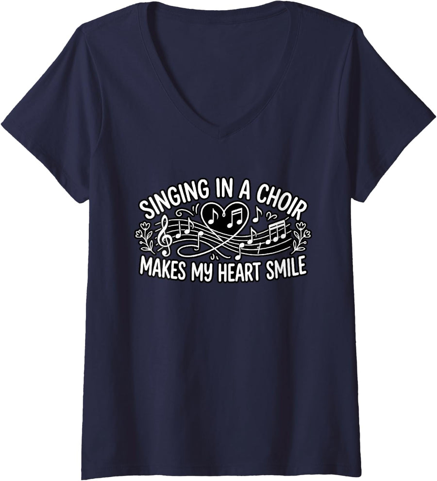 Women's Singing in A Choir Makes My Heart Smile V-Neck T-Shirt - Navy Blue