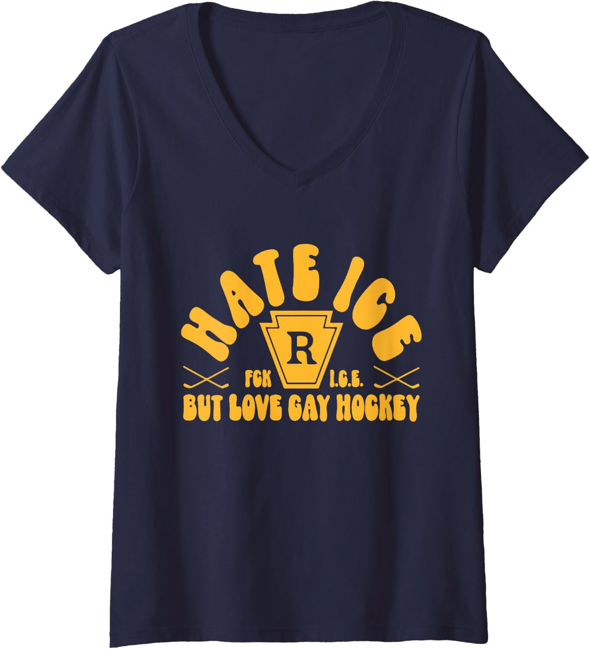 Women's Hate Ice But Love Gay Hockey, Funny Gay Hockey LGBT V-Neck T-Shirt - Navy Blue