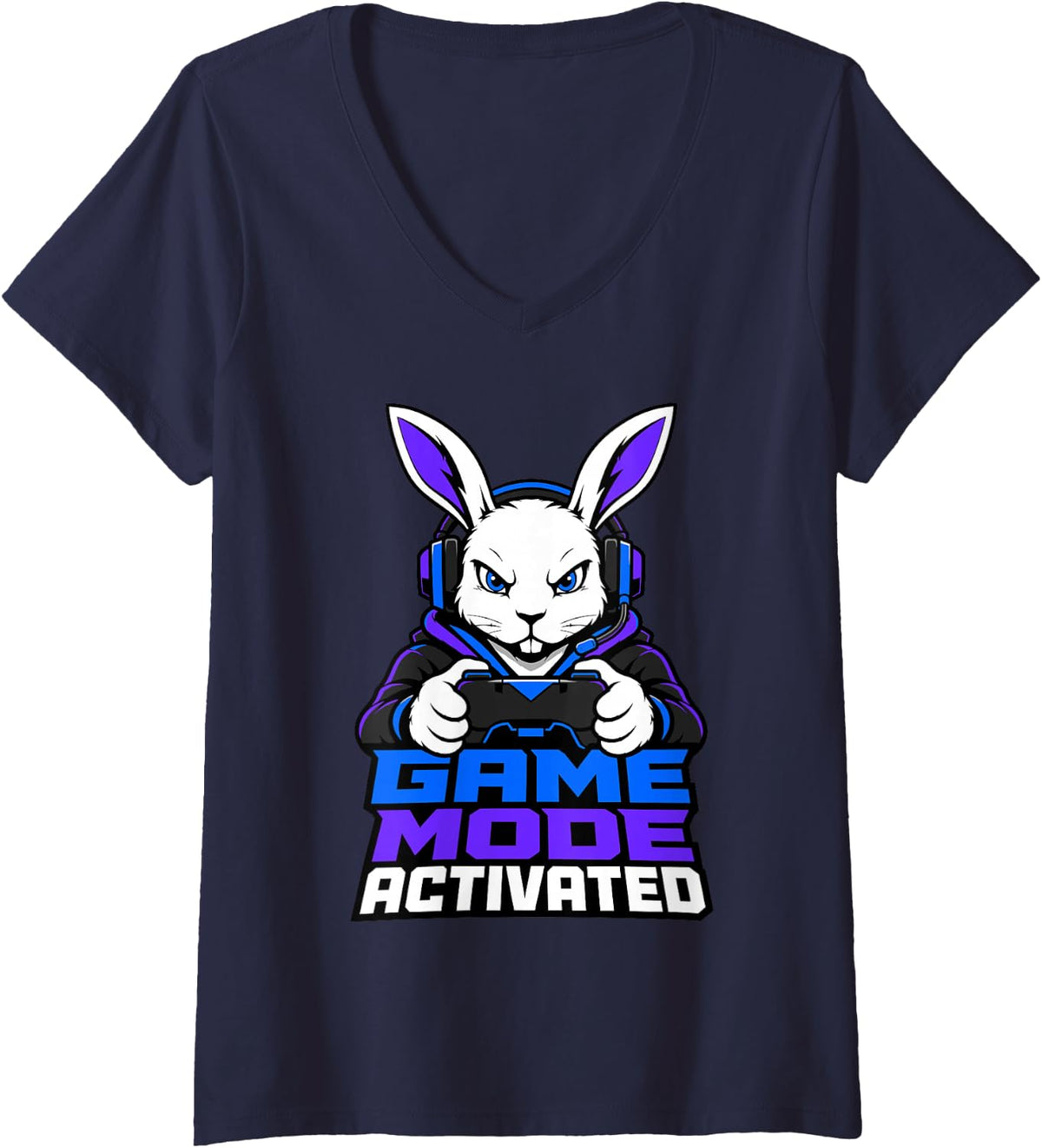 Women's Rabbit Gamer Game Mode Activated Gaming Headset Video Games V-Neck T-Shirt - Navy Blue