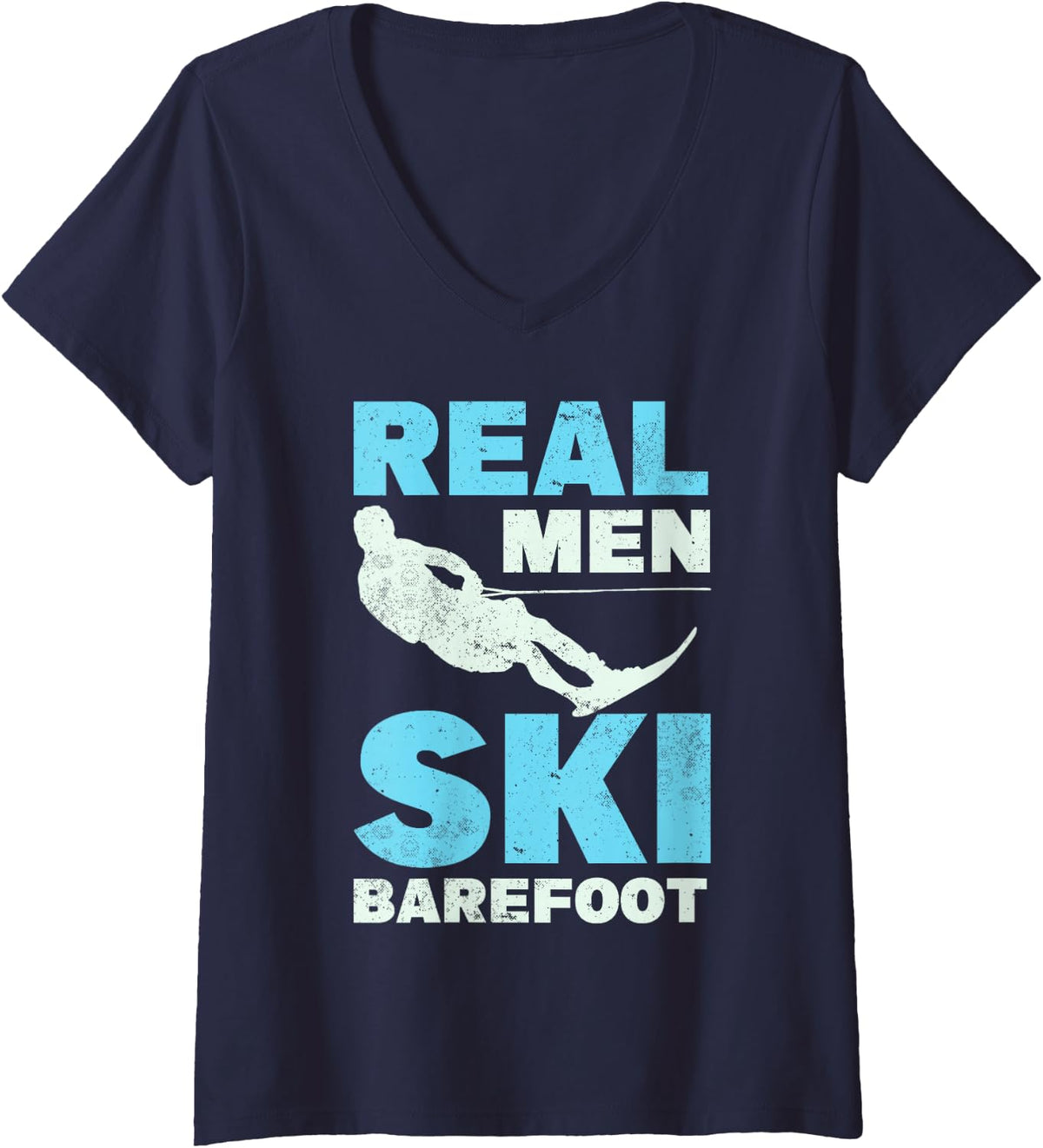 Women's Real Men Ski Barefoot Water Skiing Adventure V-Neck T-Shirt - Navy Blue
