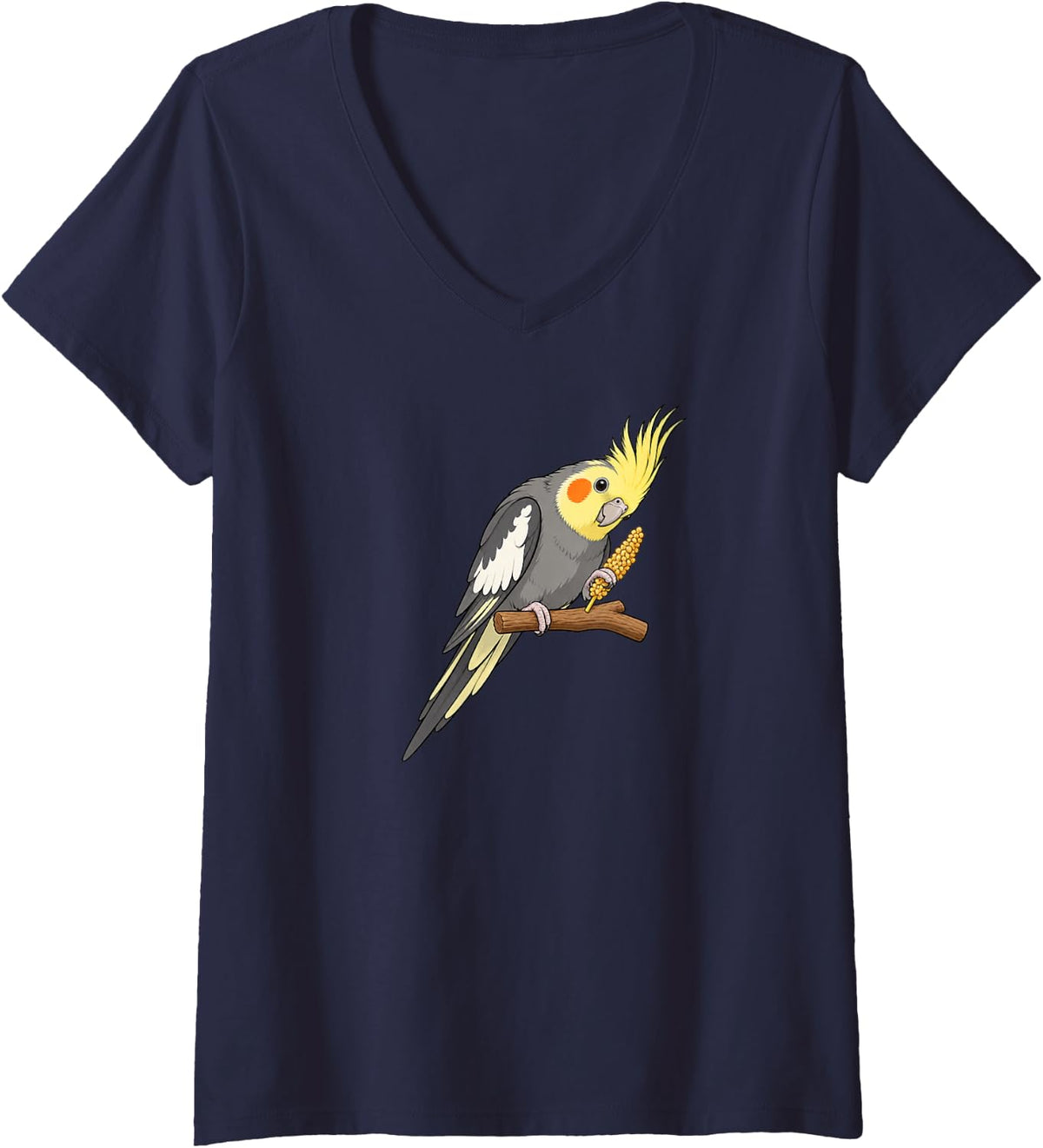 Women's Cute Cockatiel Eating Millet Pet Bird Lover Art V-Neck T-Shirt - Navy Blue