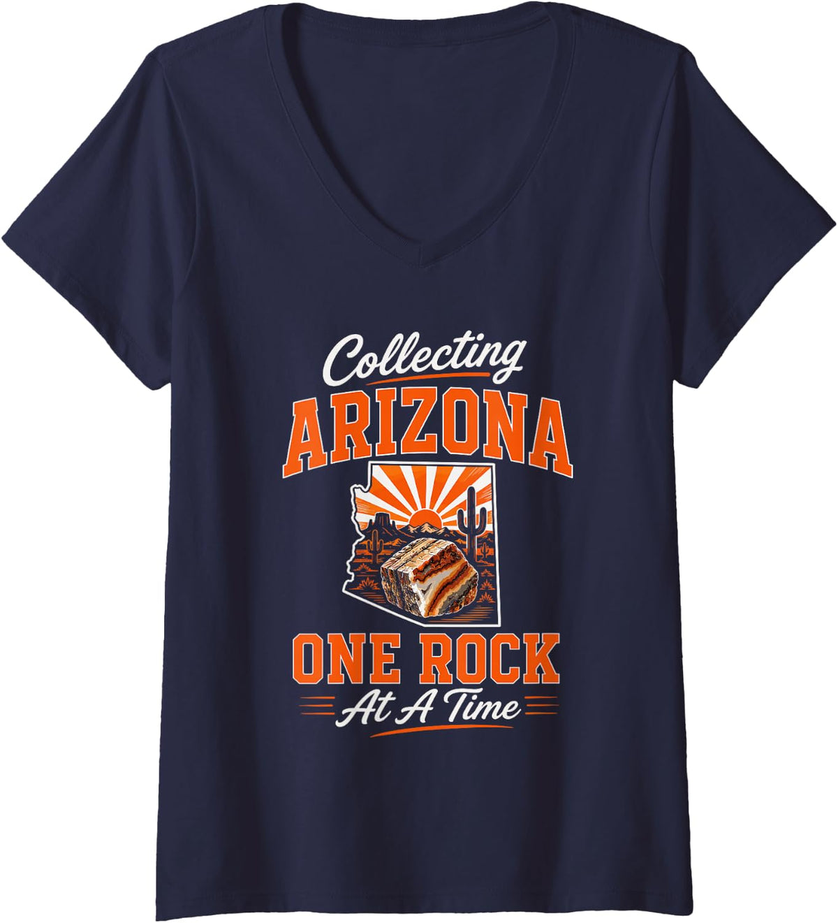 Women's Rockhounding USA State Collecting Arizona One Rock At A Time V-Neck T-Shirt - Navy Blue