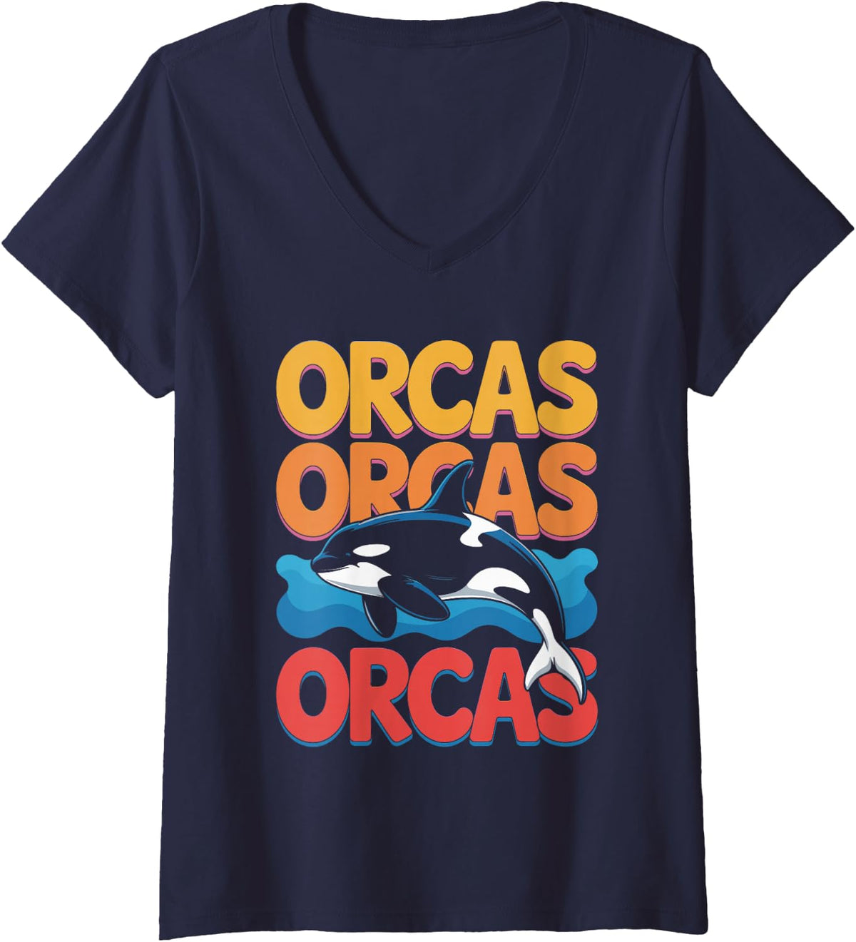 Women's Retro Orca Repeat Groovy Ocean Design V-Neck T-Shirt - Navy Blue
