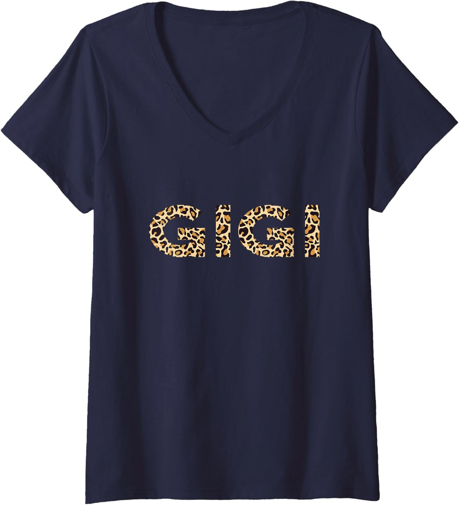 Womens Gigi Leopard For Women Grandma Christmas Mother's Day V-Neck T-Shirt - Navy Blue