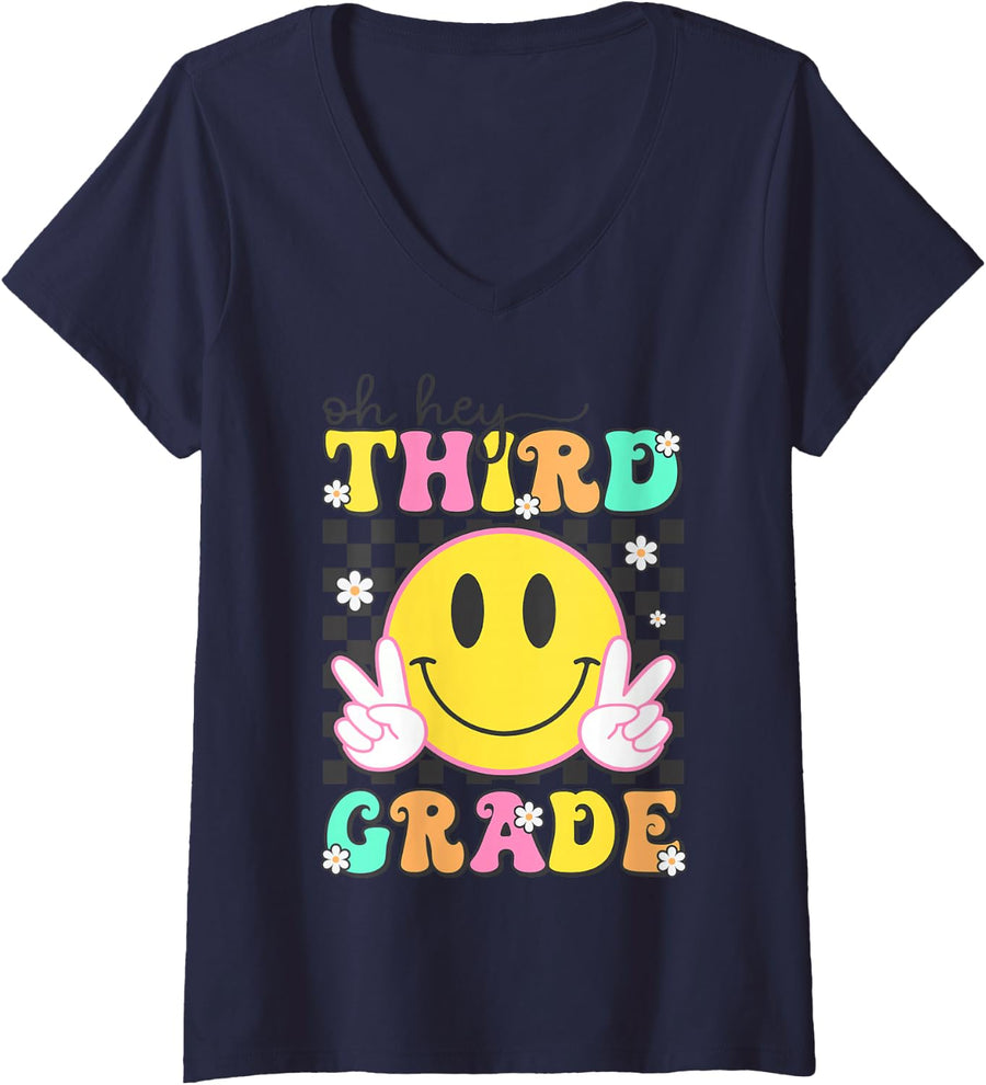 Women's Oh Hey Third Grade Shirt Back to School Groovy 3rd Grade V-Neck T-Shirt - Navy Blue