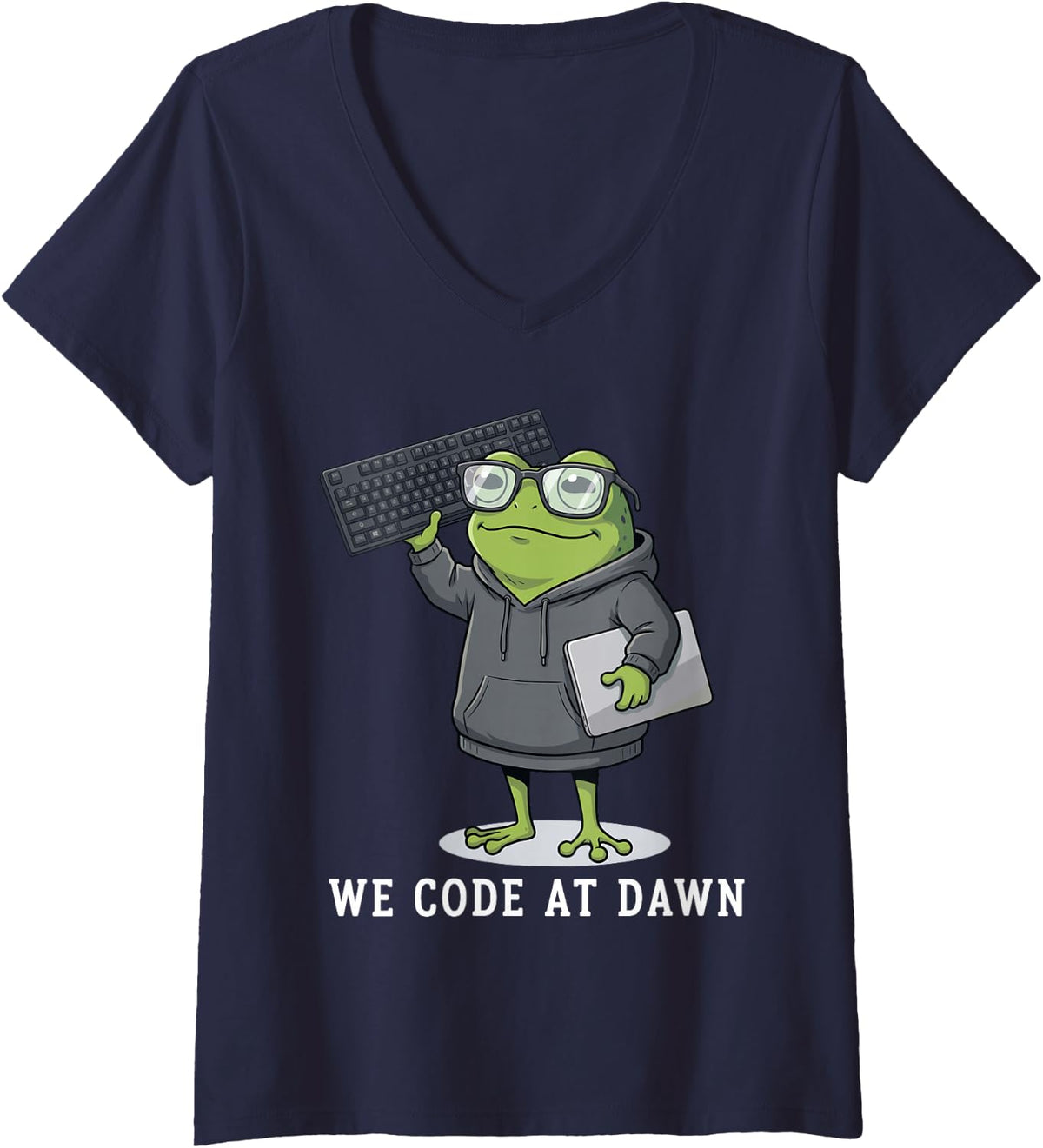 Women's We Code At Dawn Funny Frog Programmer Software Engineer Nerd V-Neck T-Shirt - Navy Blue