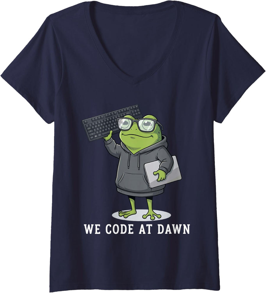 Women's We Code At Dawn Funny Frog Programmer Software Engineer Nerd V-Neck T-Shirt - Navy Blue