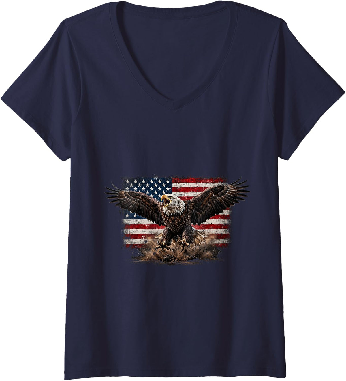 Women's American Flag Eagle USA V-Neck T-Shirt - Navy Blue